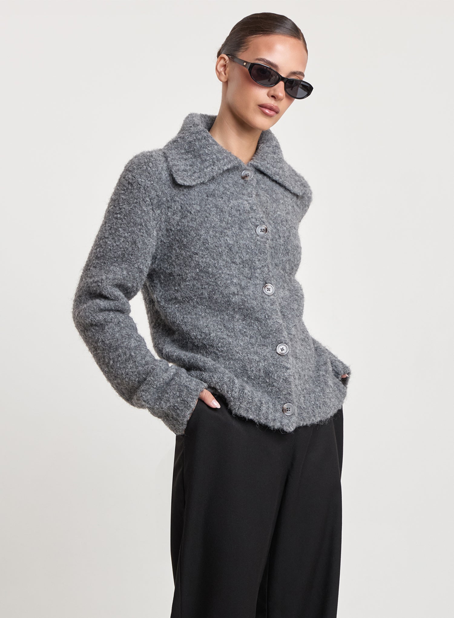 Dark Grey Knitted Collared Cardigan