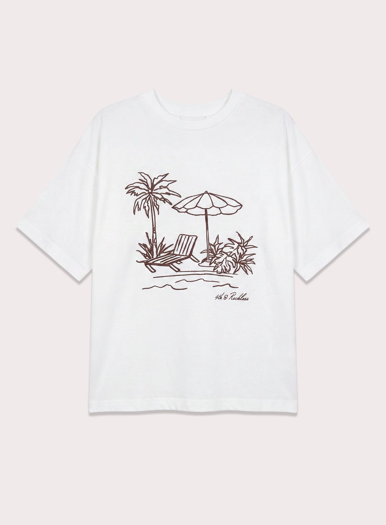White Beach Embroidered Graphic Cotton T-Shirt