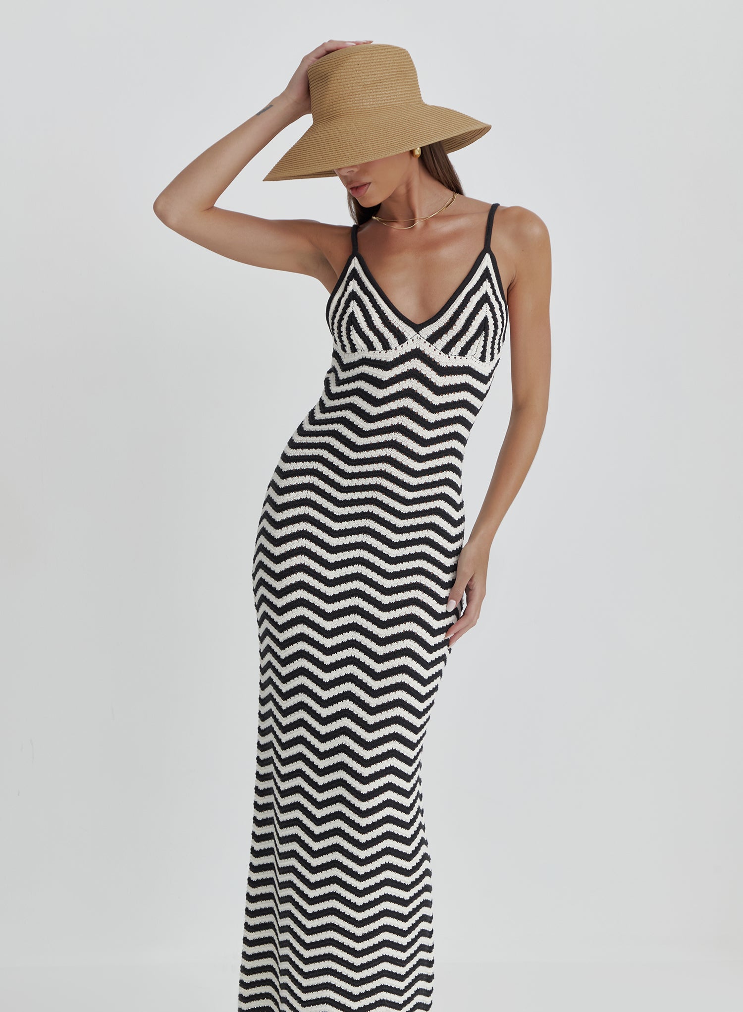 Cream And Black Stripe Knitted Maxi Dress- Yvette