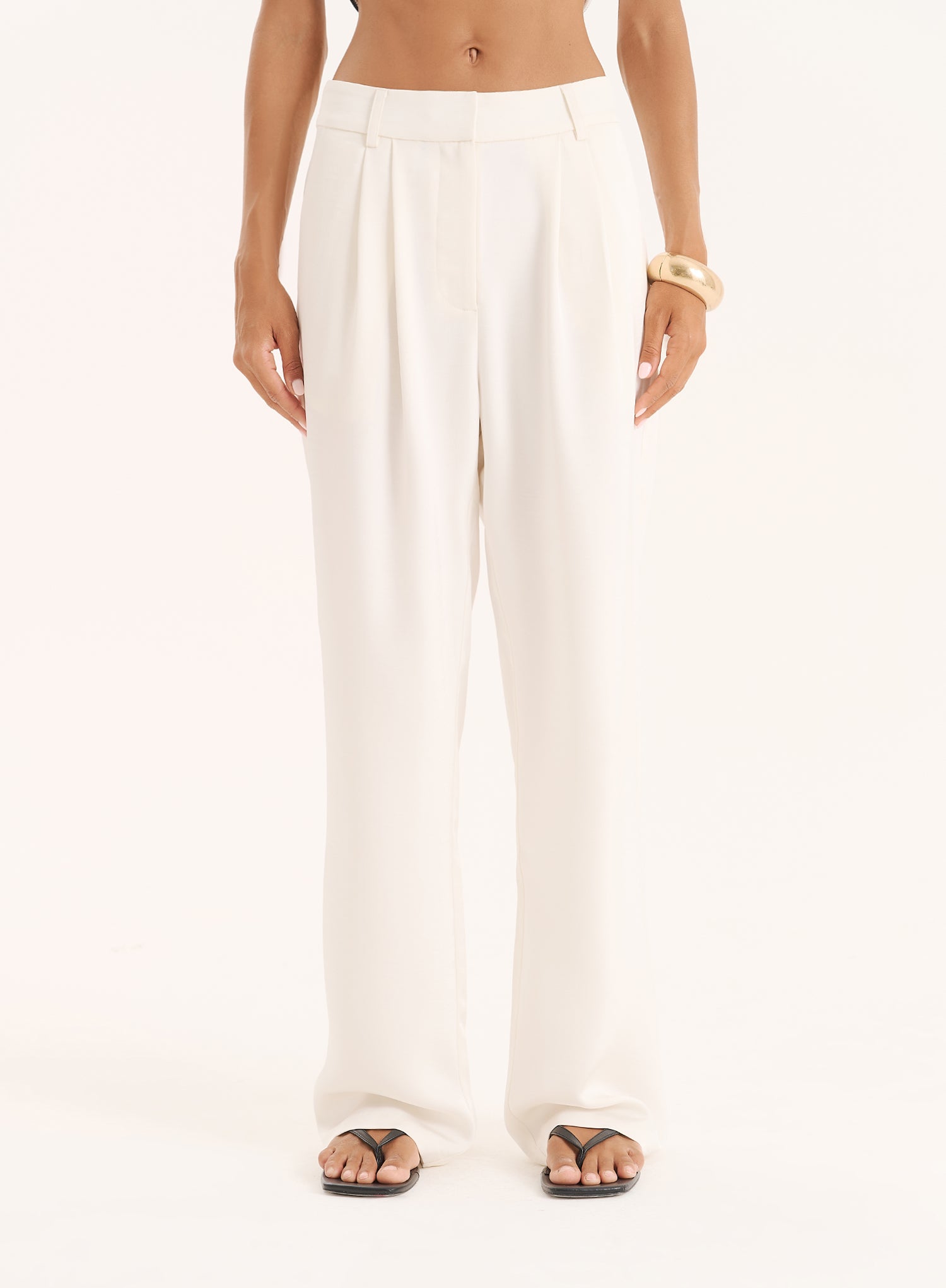 Cream Satin Tailored Straight Leg Trousers- Camille
