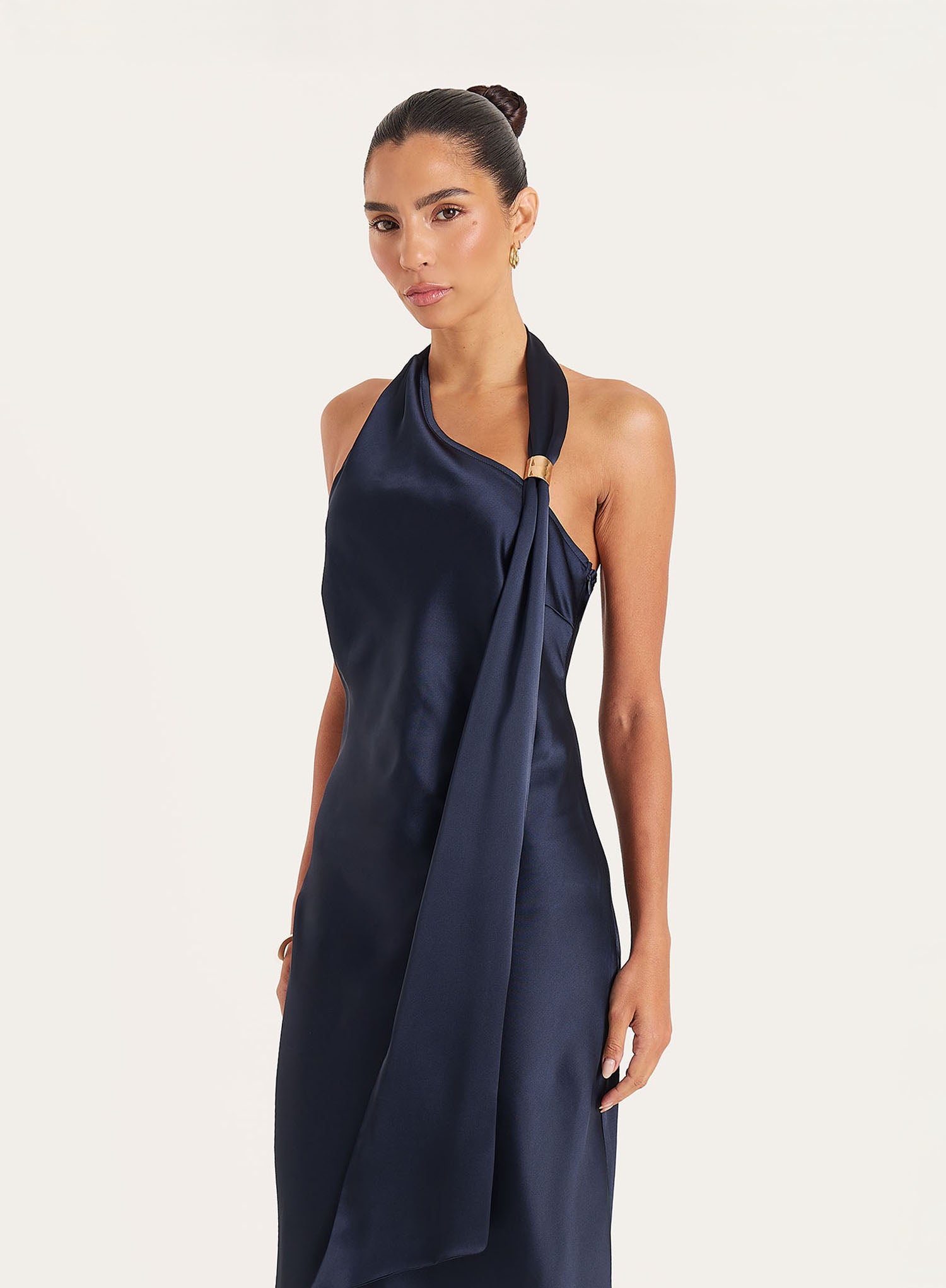 Navy Satin Halterneck Maxi Dress