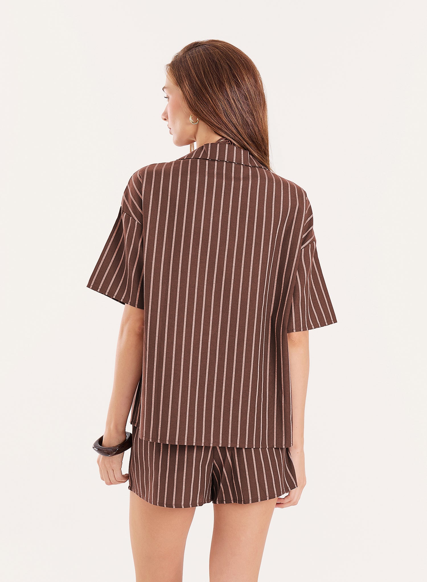 Chocolate Stripe Cotton Tie Front Short Sleeve Shirt