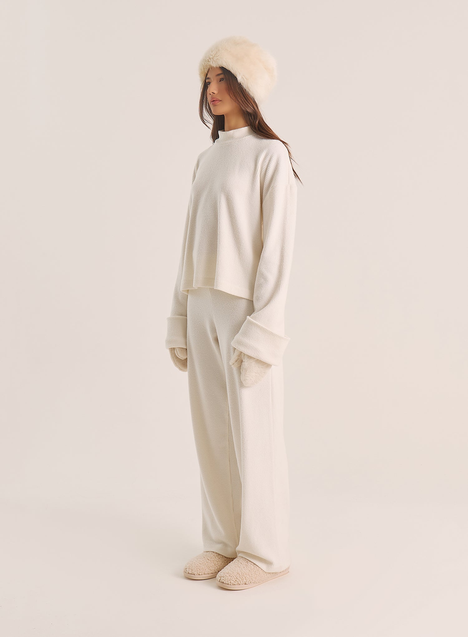 Ecru Foldover Waist Wide Leg Jersey Trousers