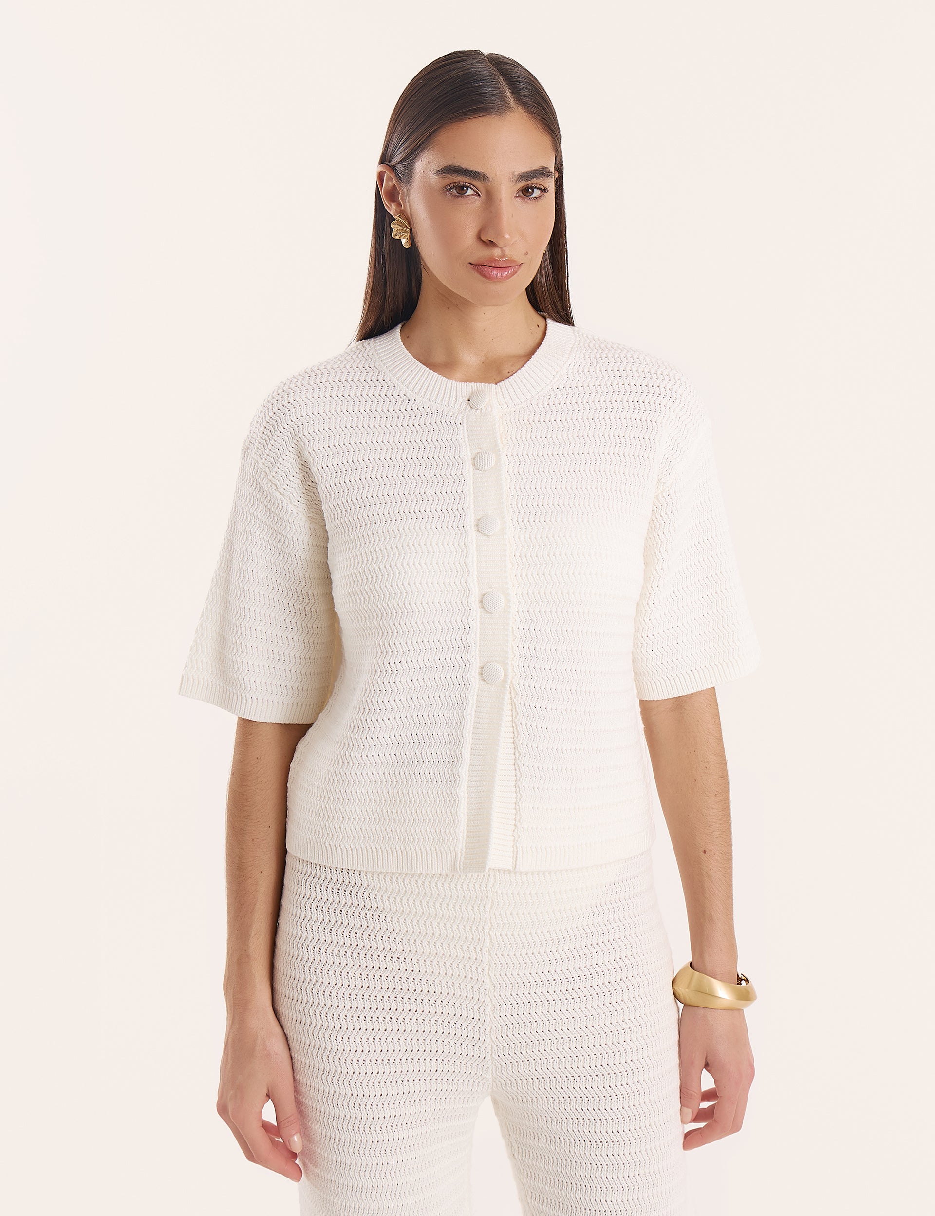 White Crochet Button Crop Shirt