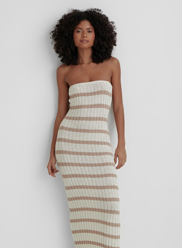 Cream And Beige Stripe Knit Dress- Como
