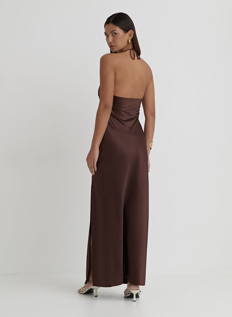 Chocolate Brown Satin Corsage Halterneck Dress- Sabel