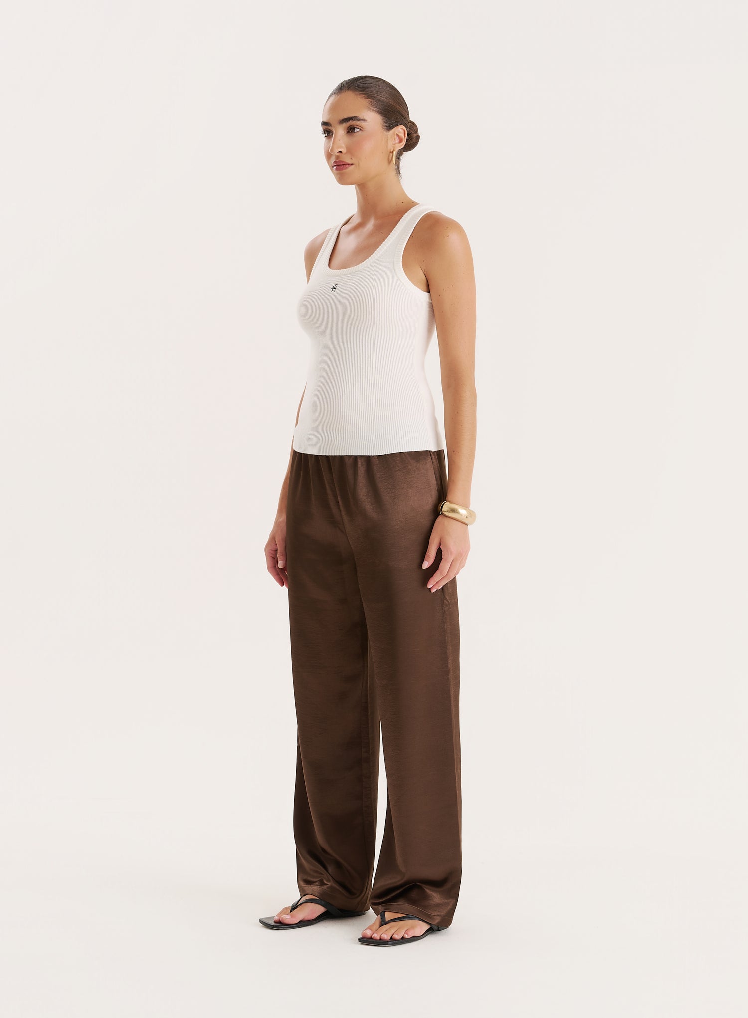 Chocolate Satin Elasticated Waist Wide Leg Trouser