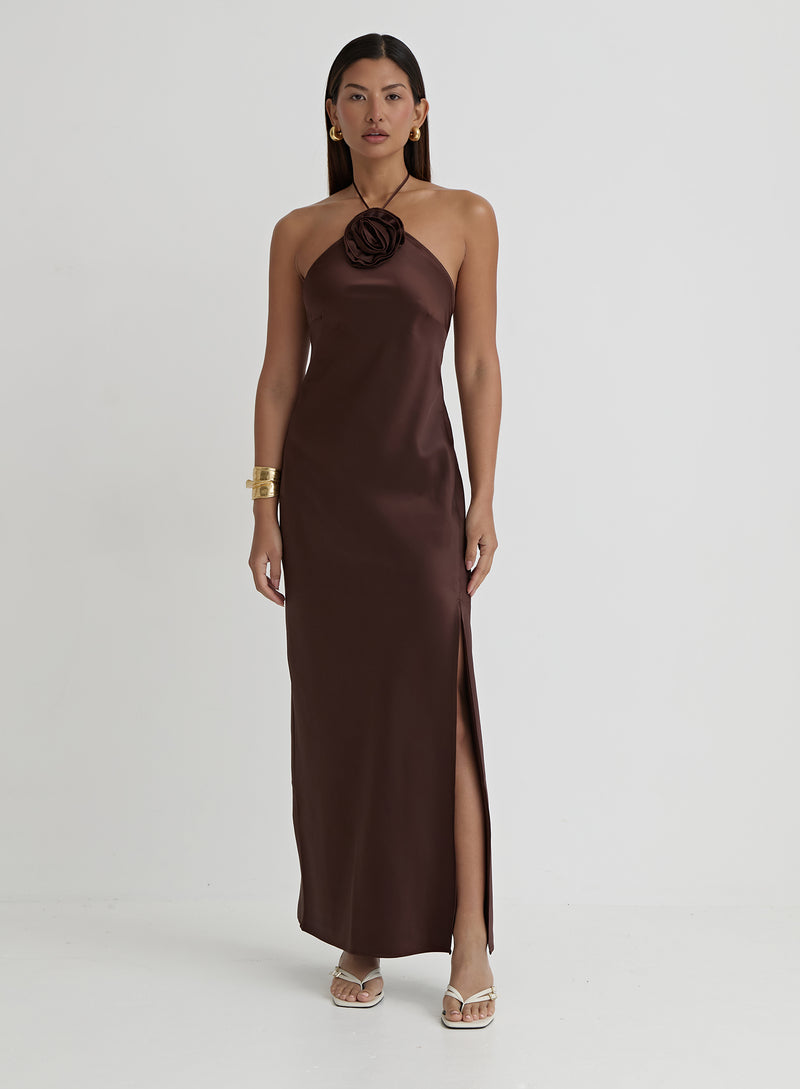 Chocolate Brown Satin Corsage Halterneck Dress- Sabel