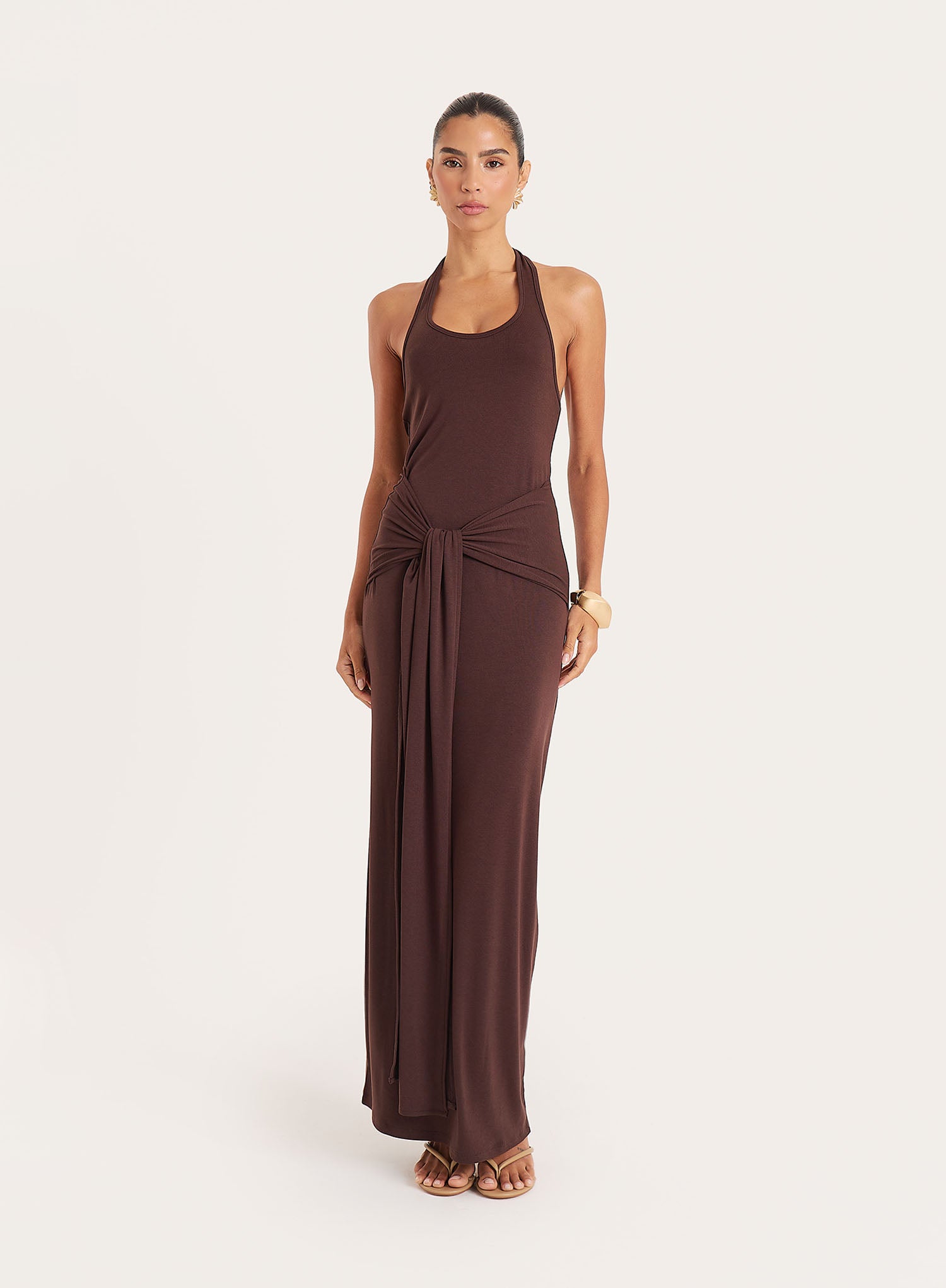 Chocolate Halterneck Belt Detail Maxi Dress