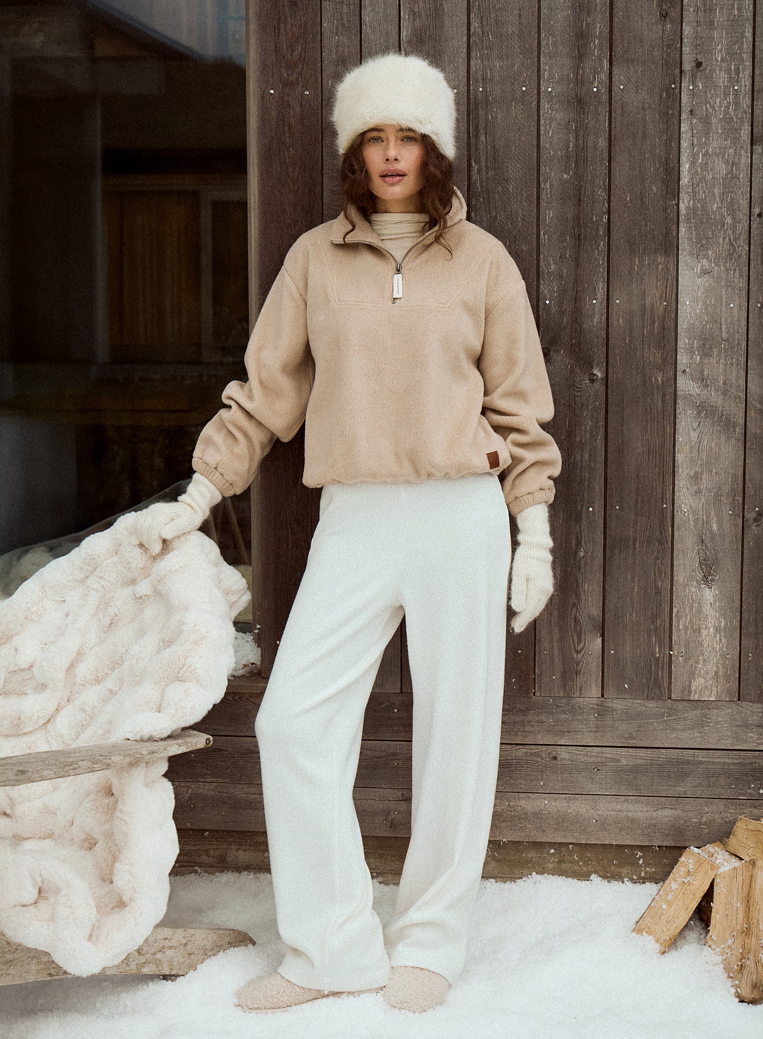 Beige Fleece Toggle Hem Collared Zip Sweatshirt