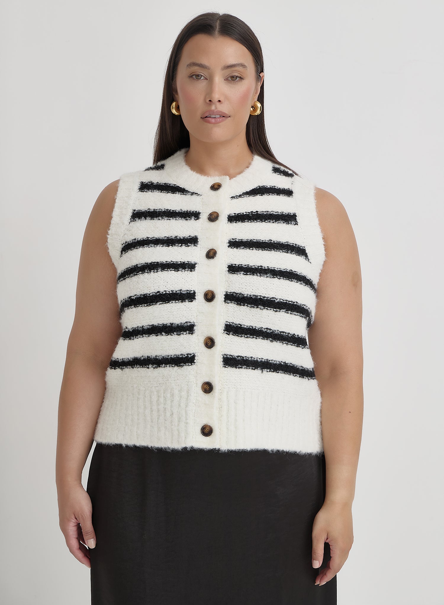 Black And Cream Plus Size Stripe Knitted Waistcoat- Daphie