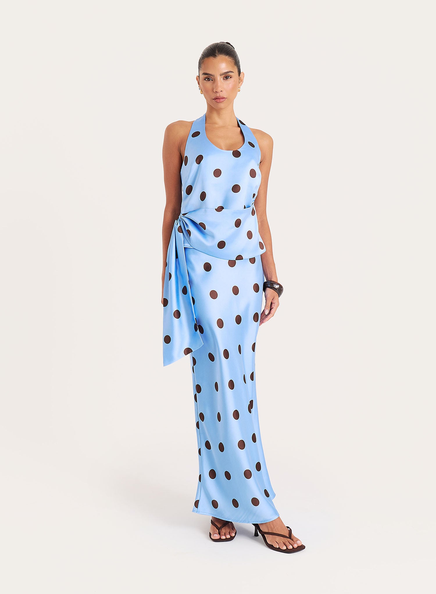 Blue And Chocolate Polka Dot Satin Halterneck Top