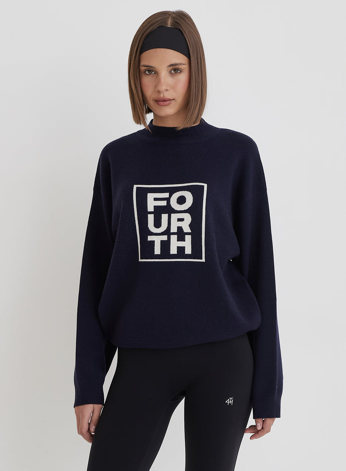 Navy Funnel Neck Branded Cropped Jumper- Valene