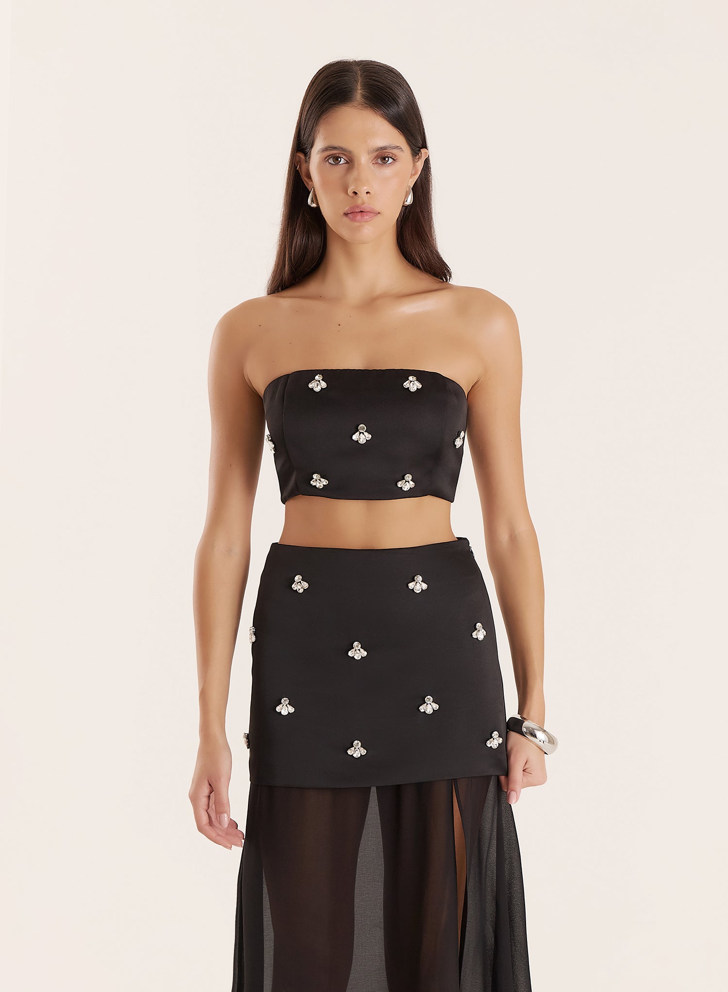 Black Satin Embellished Bandeau Crop Top