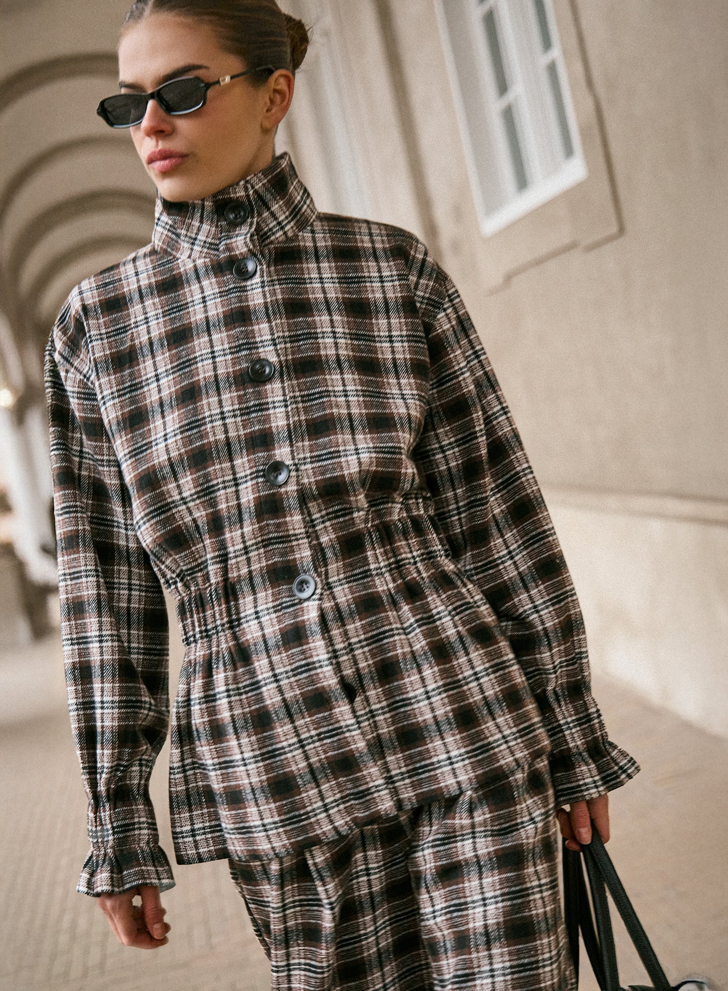 Brown Check Funnel Neck Cinched Waist Jacket