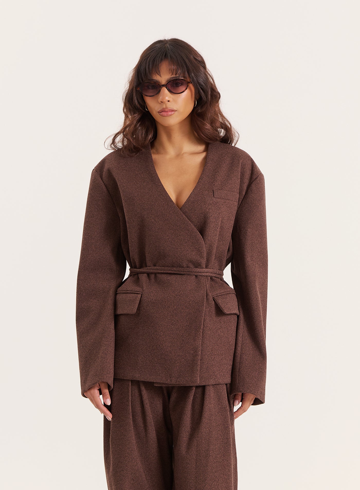 Chocolate Herringbone Tie-Waist Wrap Jacket