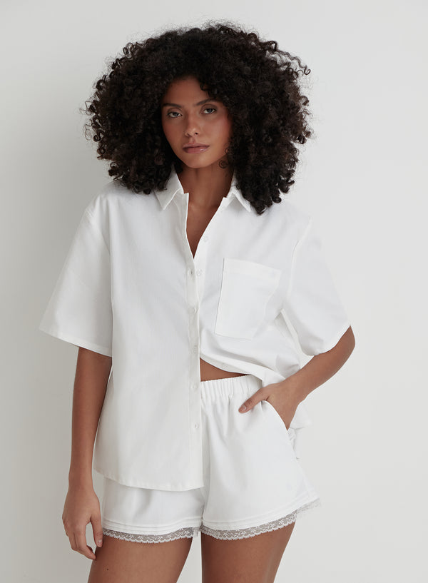 White Short Sleeve Pyjama Shirt- Jordi
