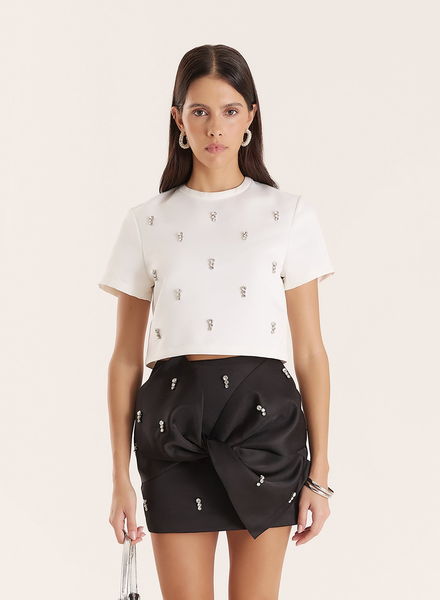 White Embellished Woven Crop T-Shirt