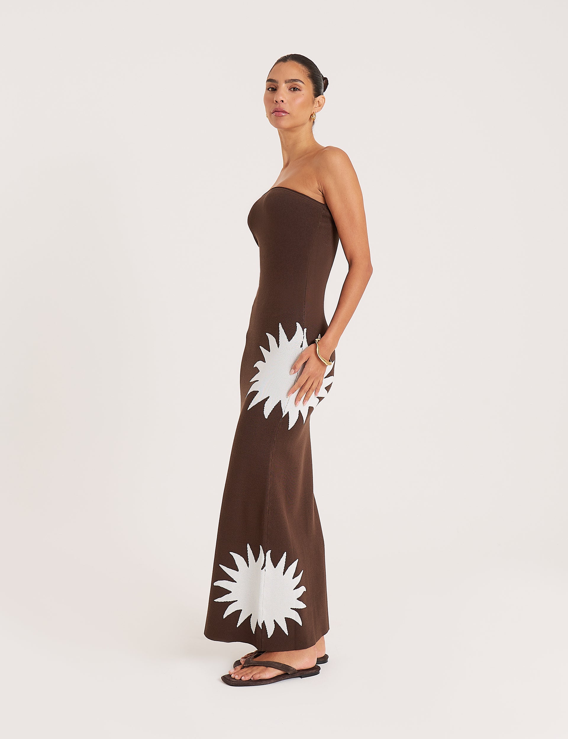 Chocolate And Cream Sun Print Bandeau Maxi Dress