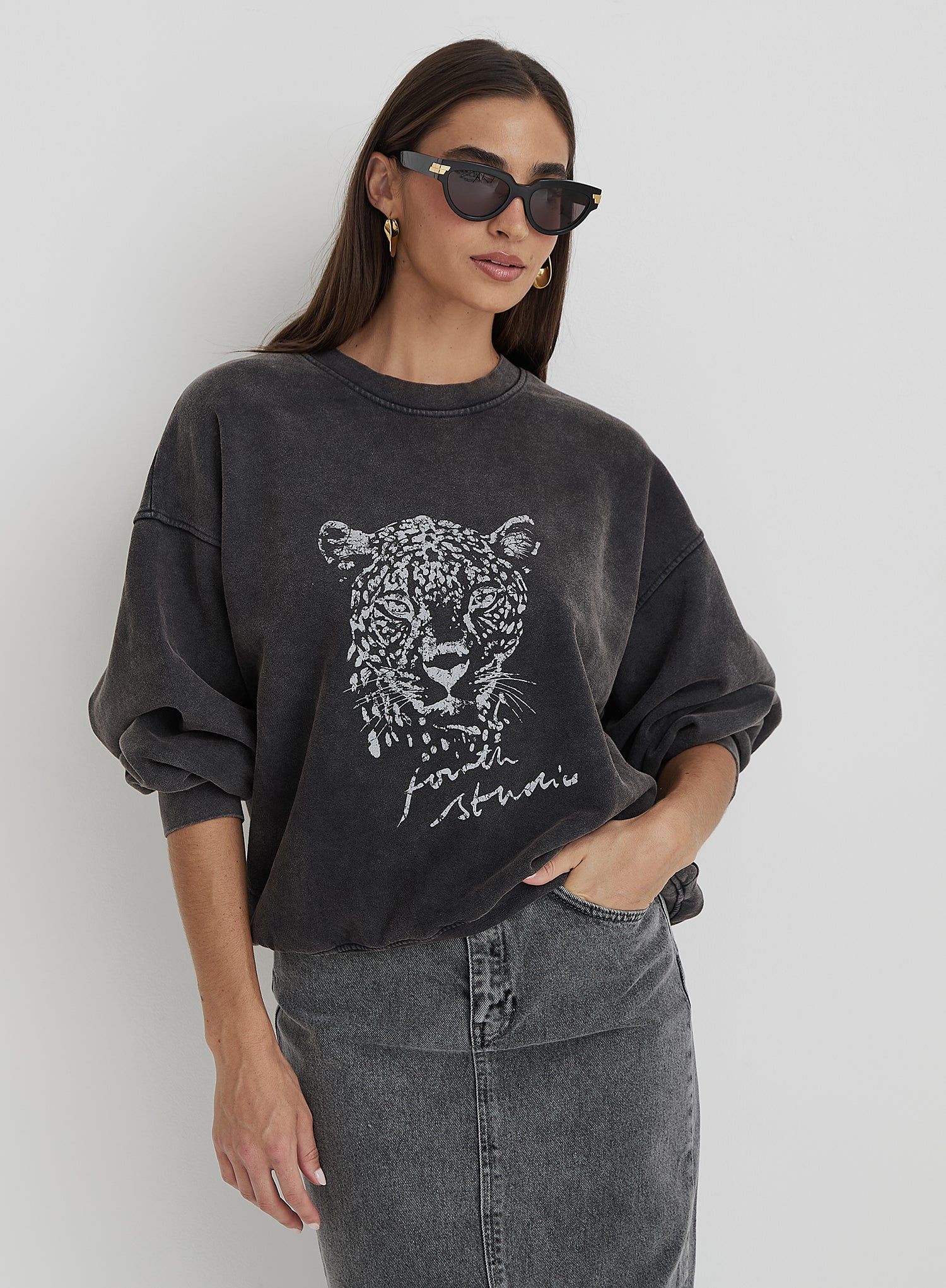 Black Acid Wash Leopard Motif Oversized Sweatshirt- Cara