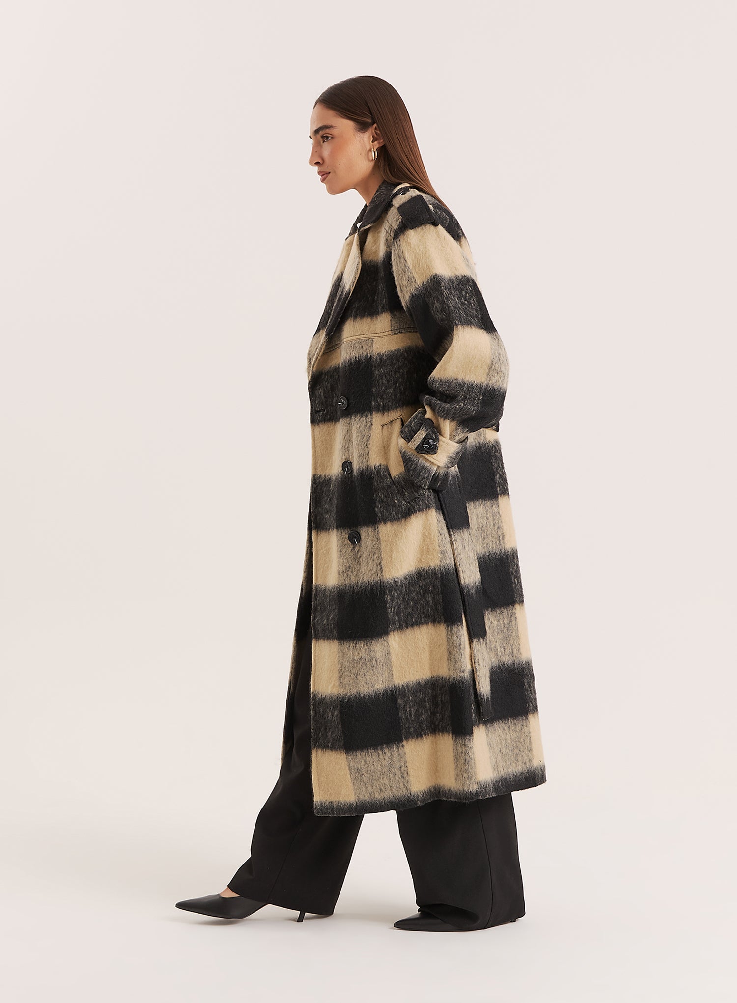 Black & Beige Check Longline Belted Trench Coat