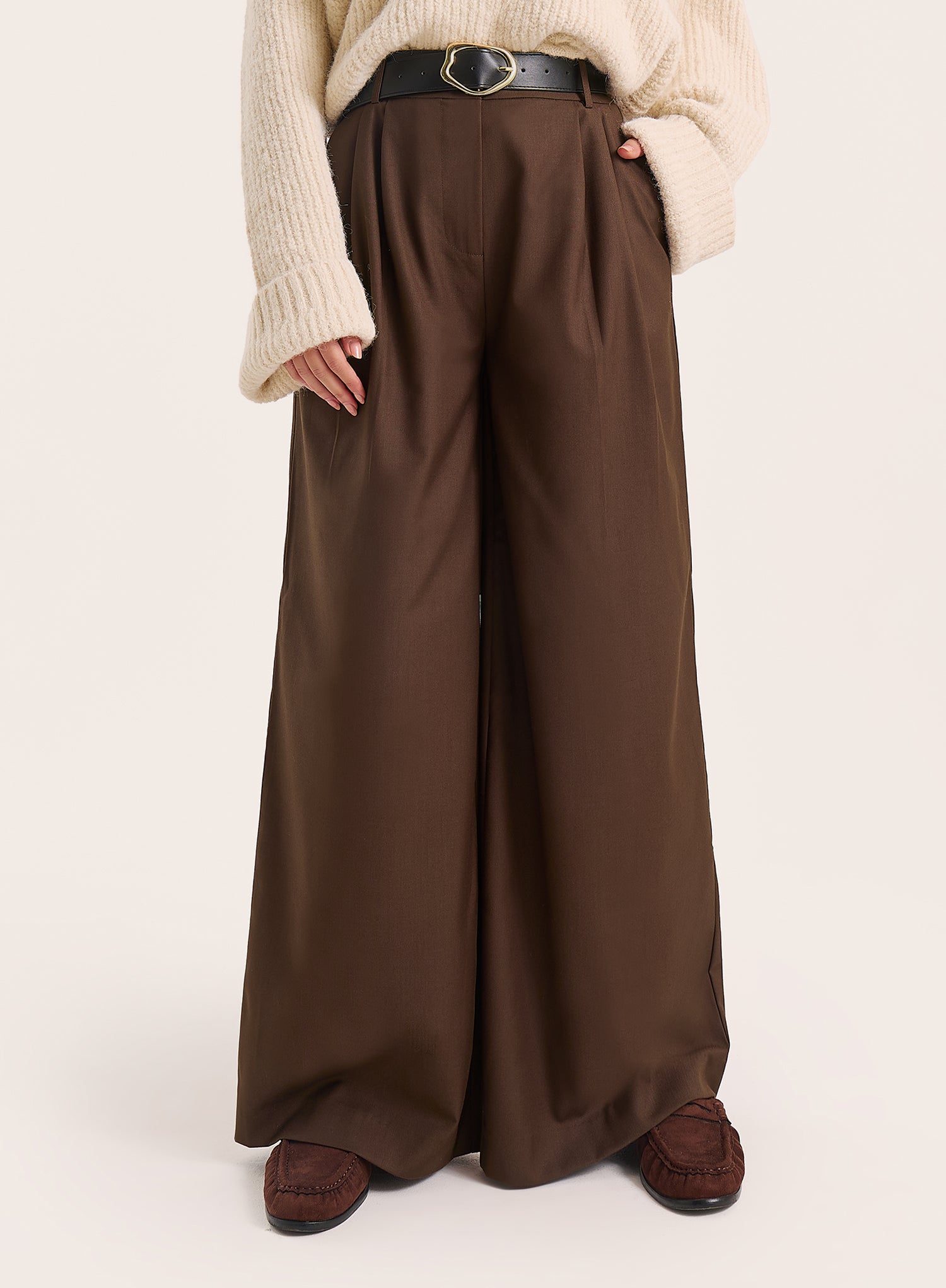 Chocolate Hardware Belt Detail Tailored Trousers