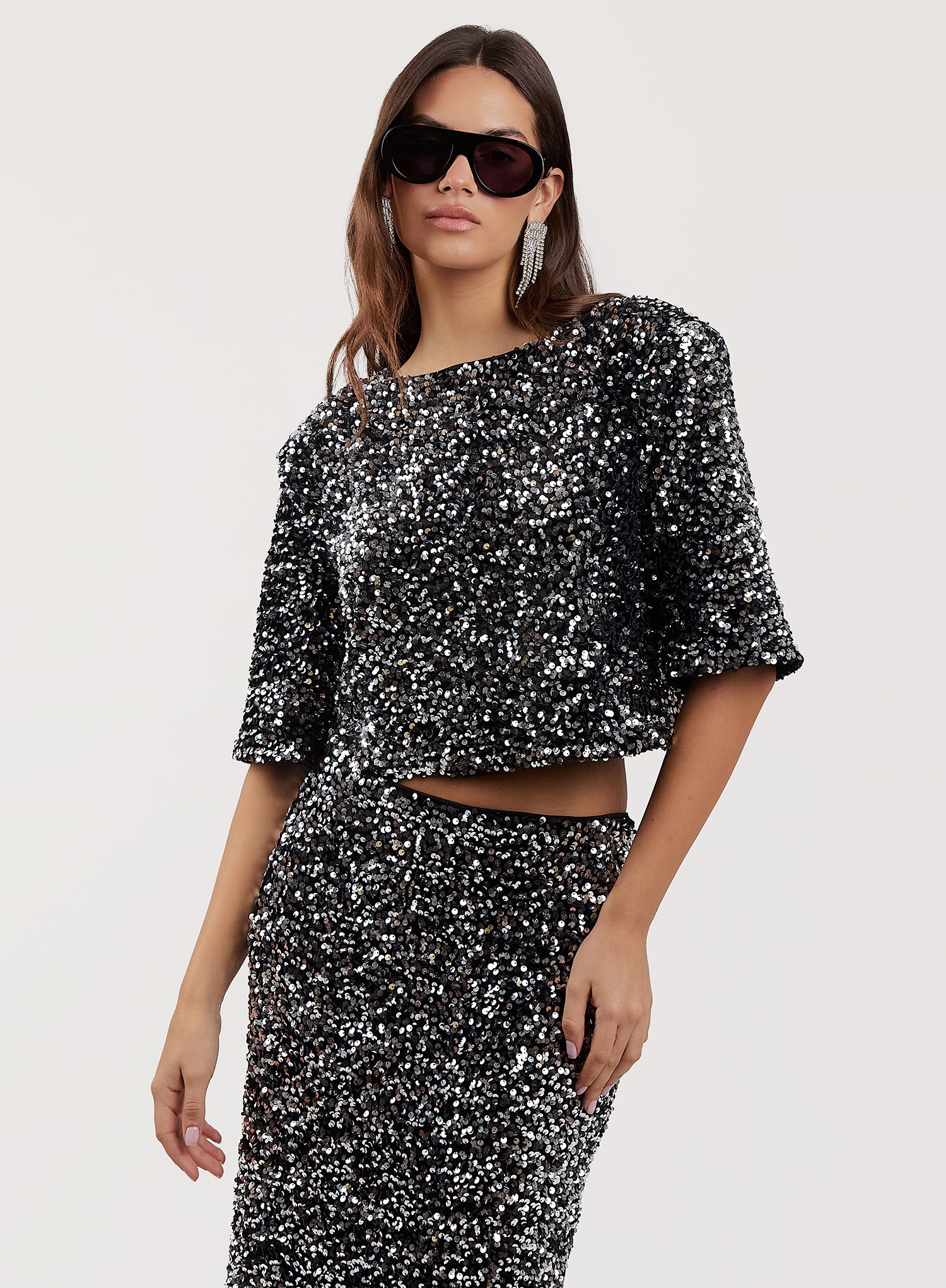 Black Sequin Boxy Crop T-shirt