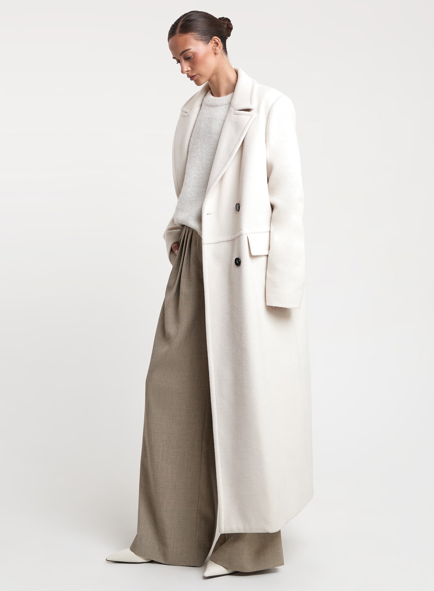 Cream Double-Breasted Longline Coat