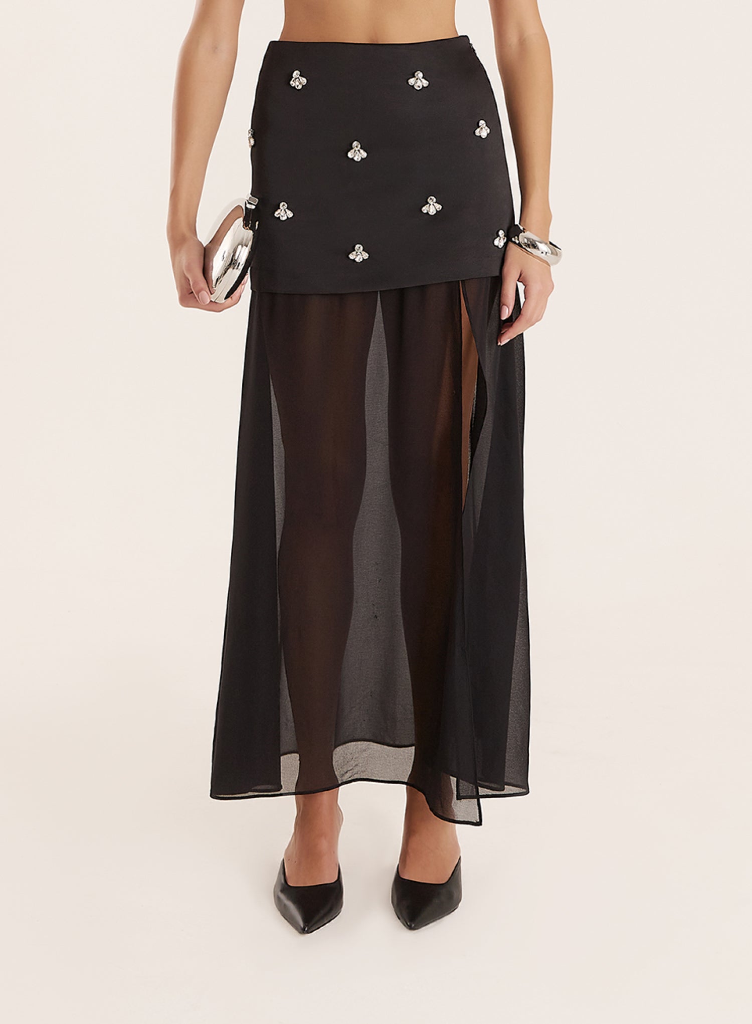 Black Embellished Mesh Hem Midi Skirt