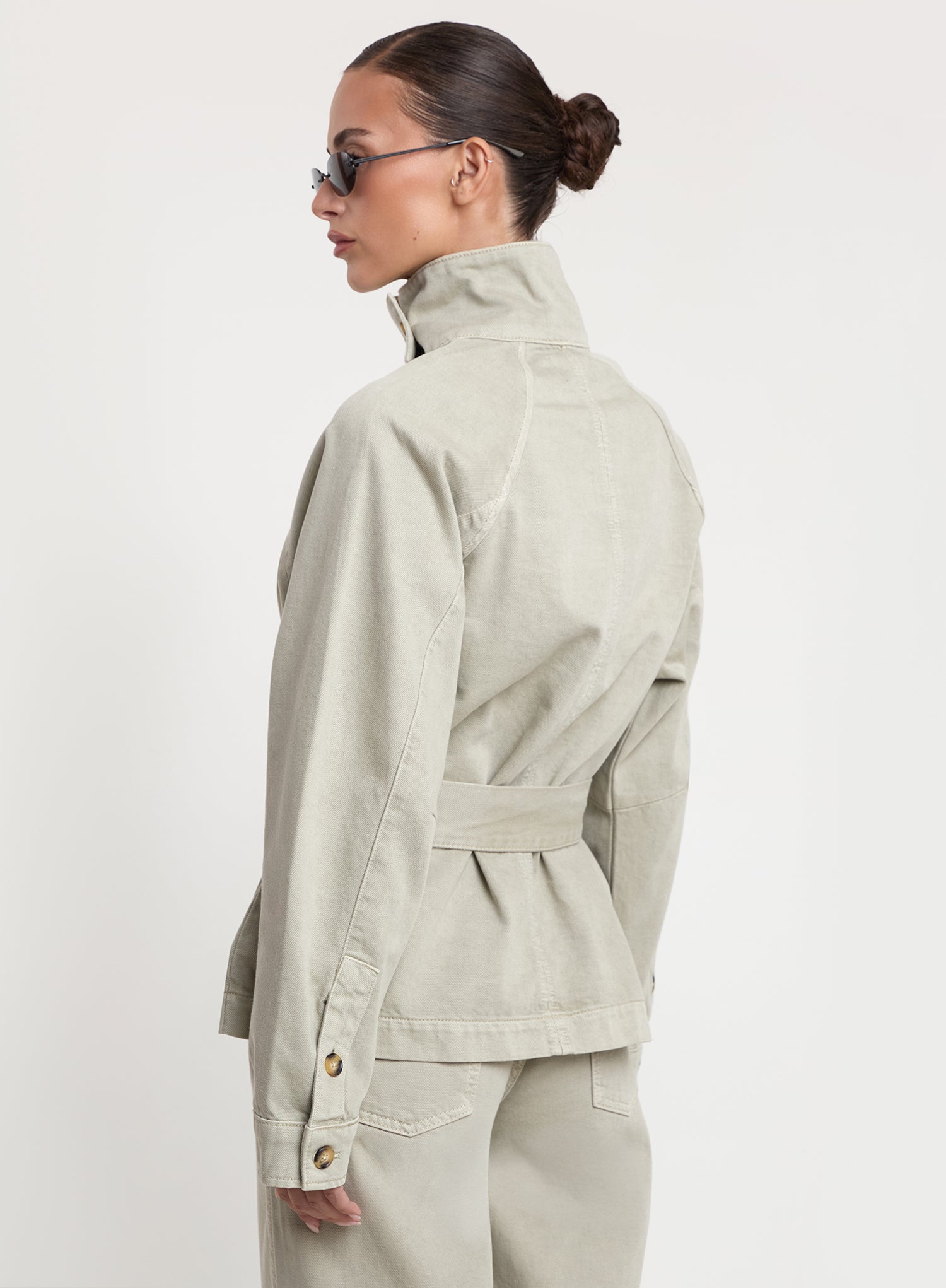 Washed Green Funnel Neck Denim Jacket