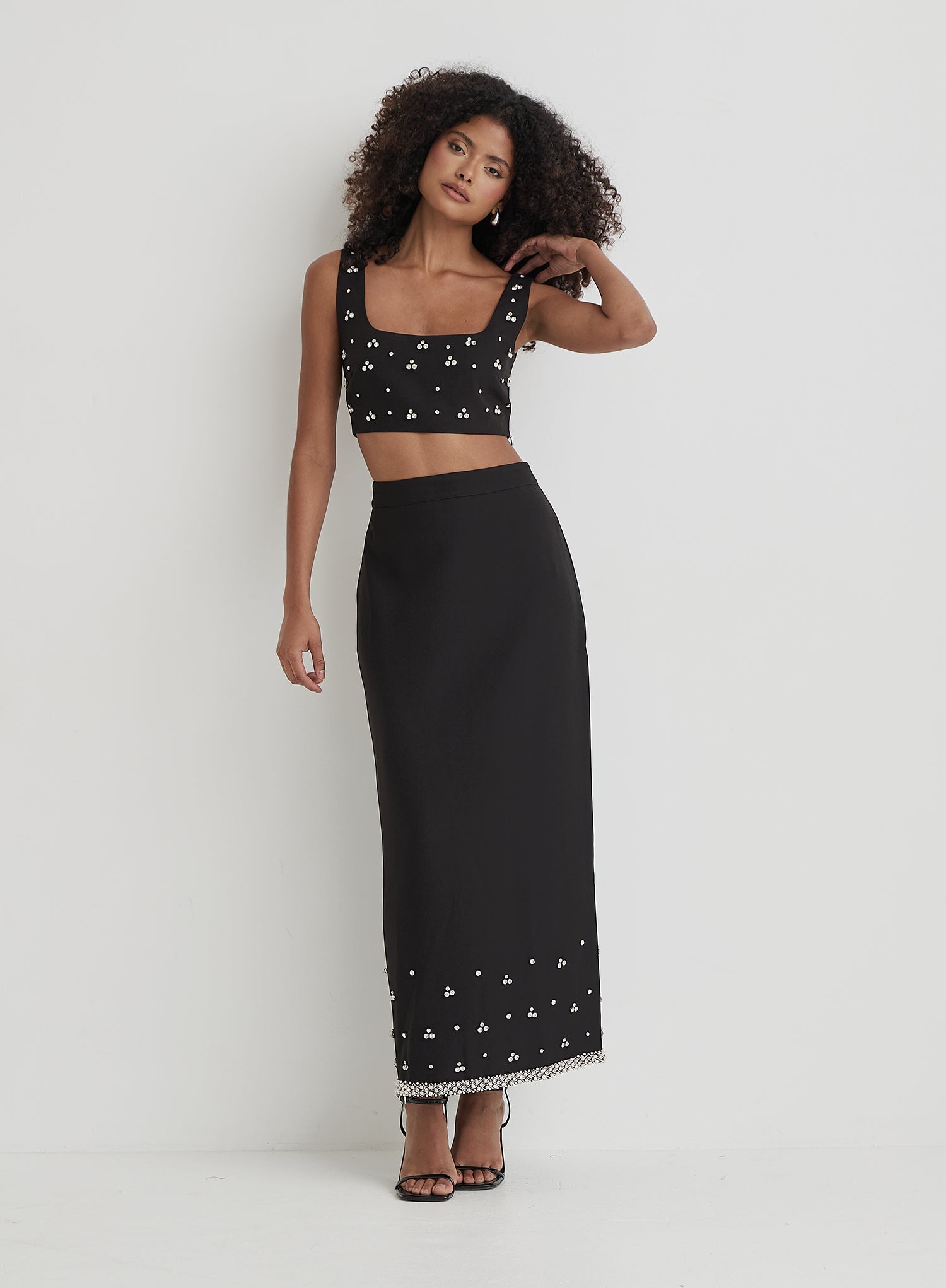 Black Embellished Trim Maxi Skirt- Sara