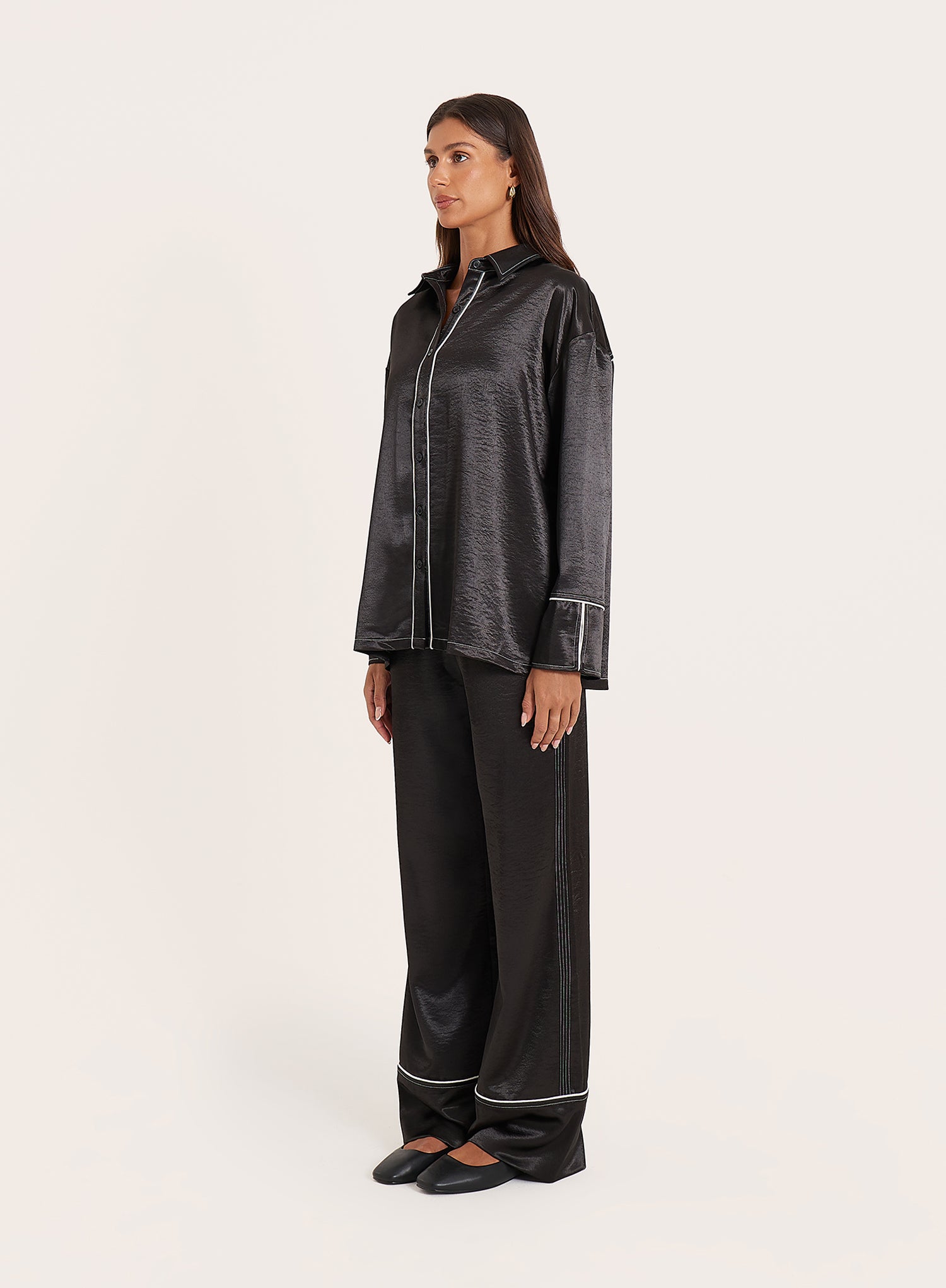 Black Satin Contrast Piping Trousers