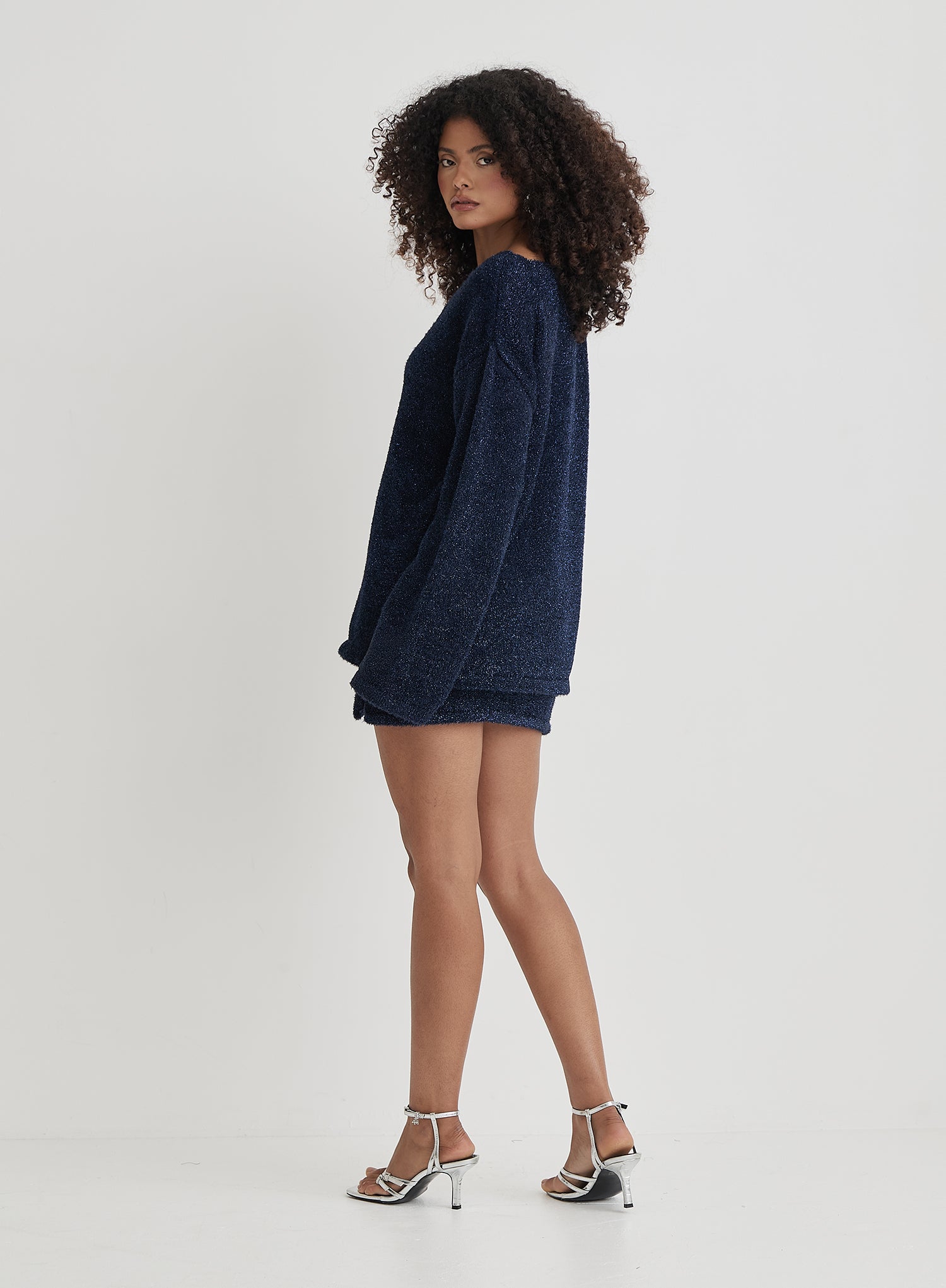 Navy Tinsel Knit V Neck Jumper- Ennis