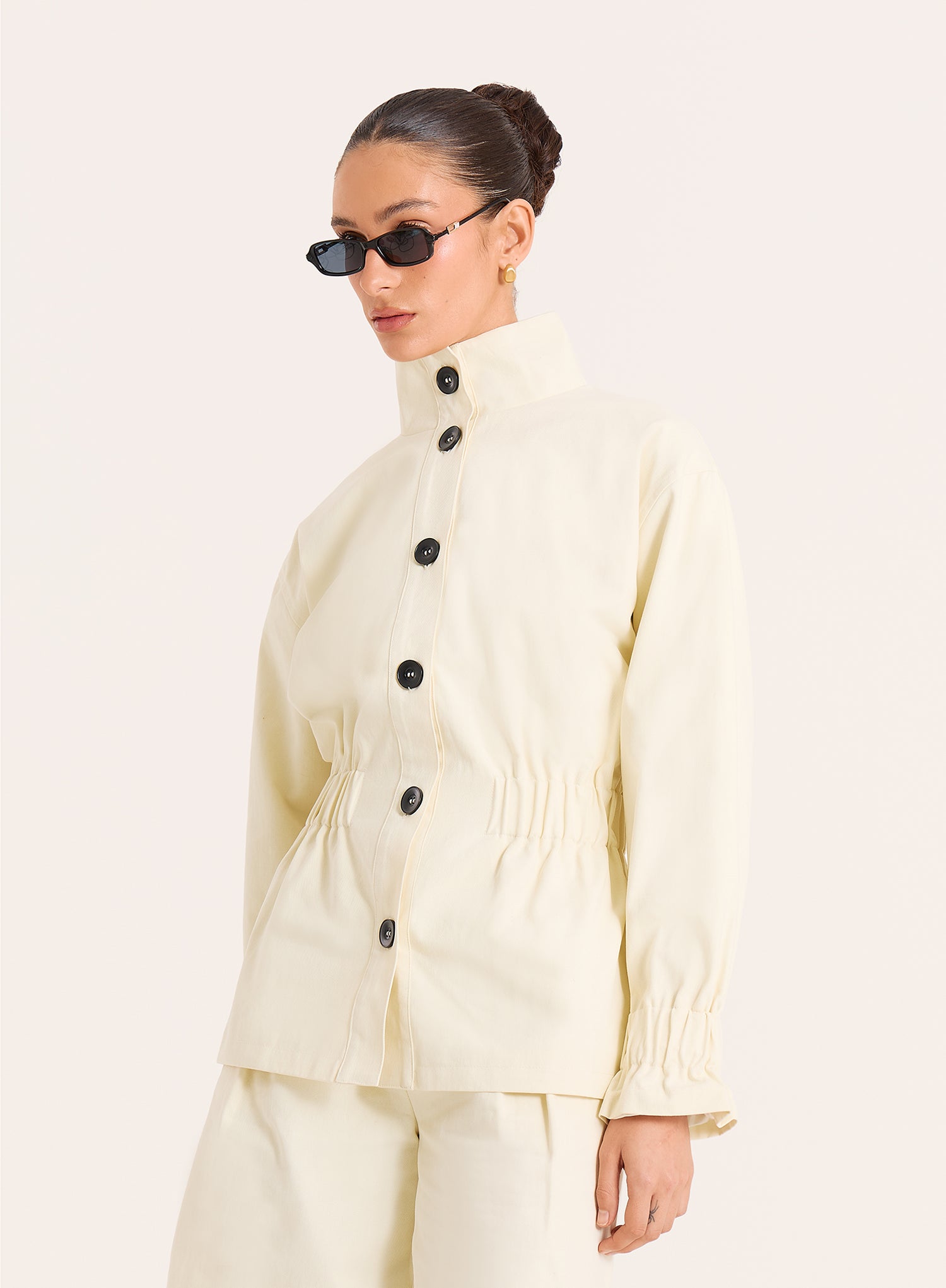 Cream Funnel Neck Cinched Waist Jacket