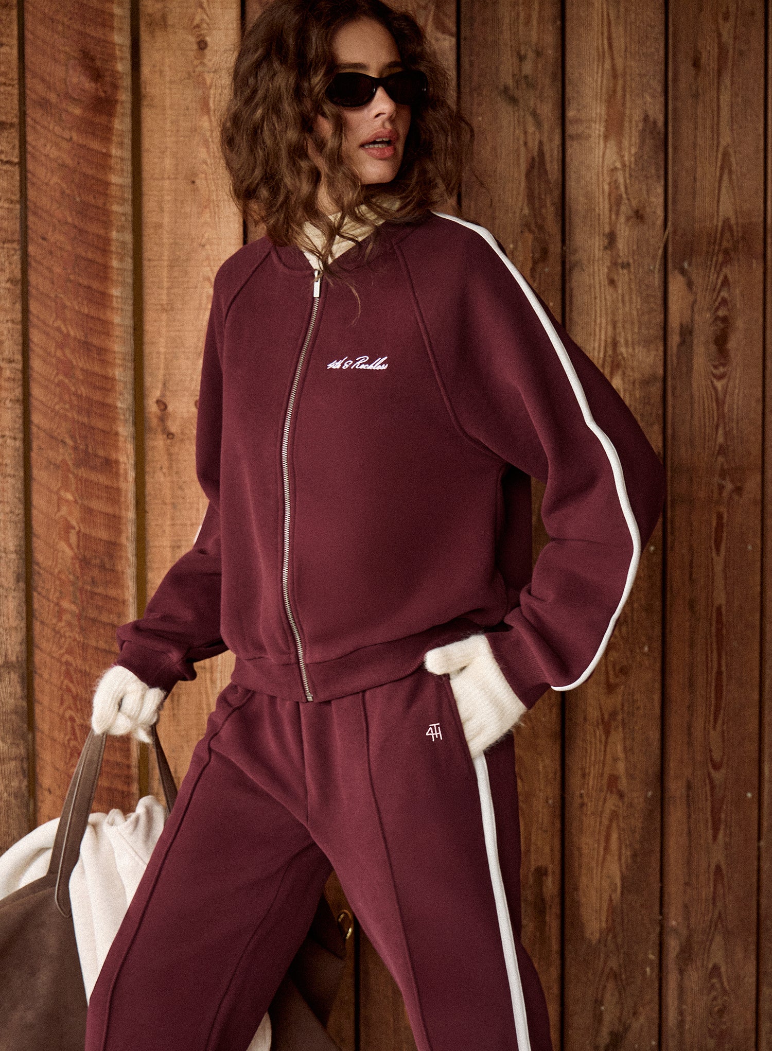 Burgundy Contrast Stripe Zip Bomber Jacket