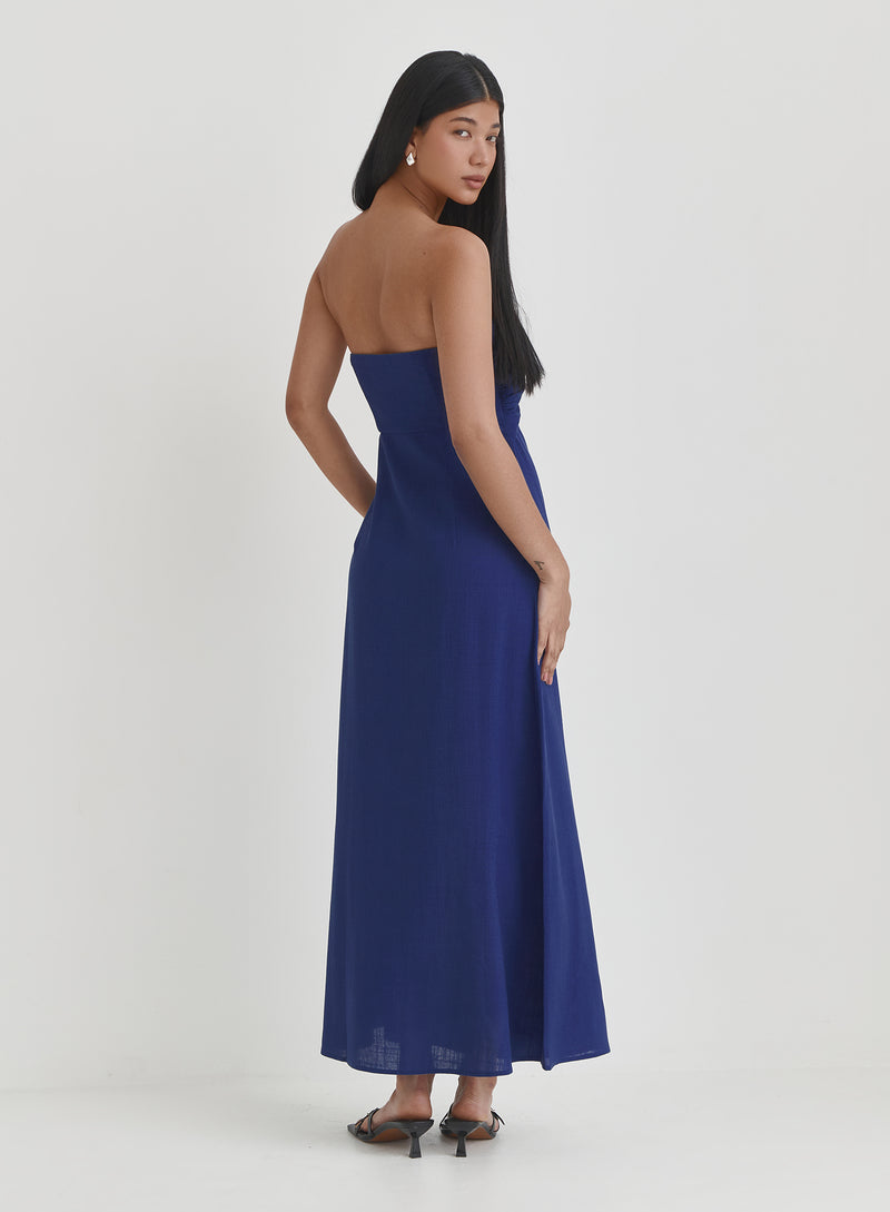 Blue Linen Maxi Cut Out Bandeau Dress- Lainey