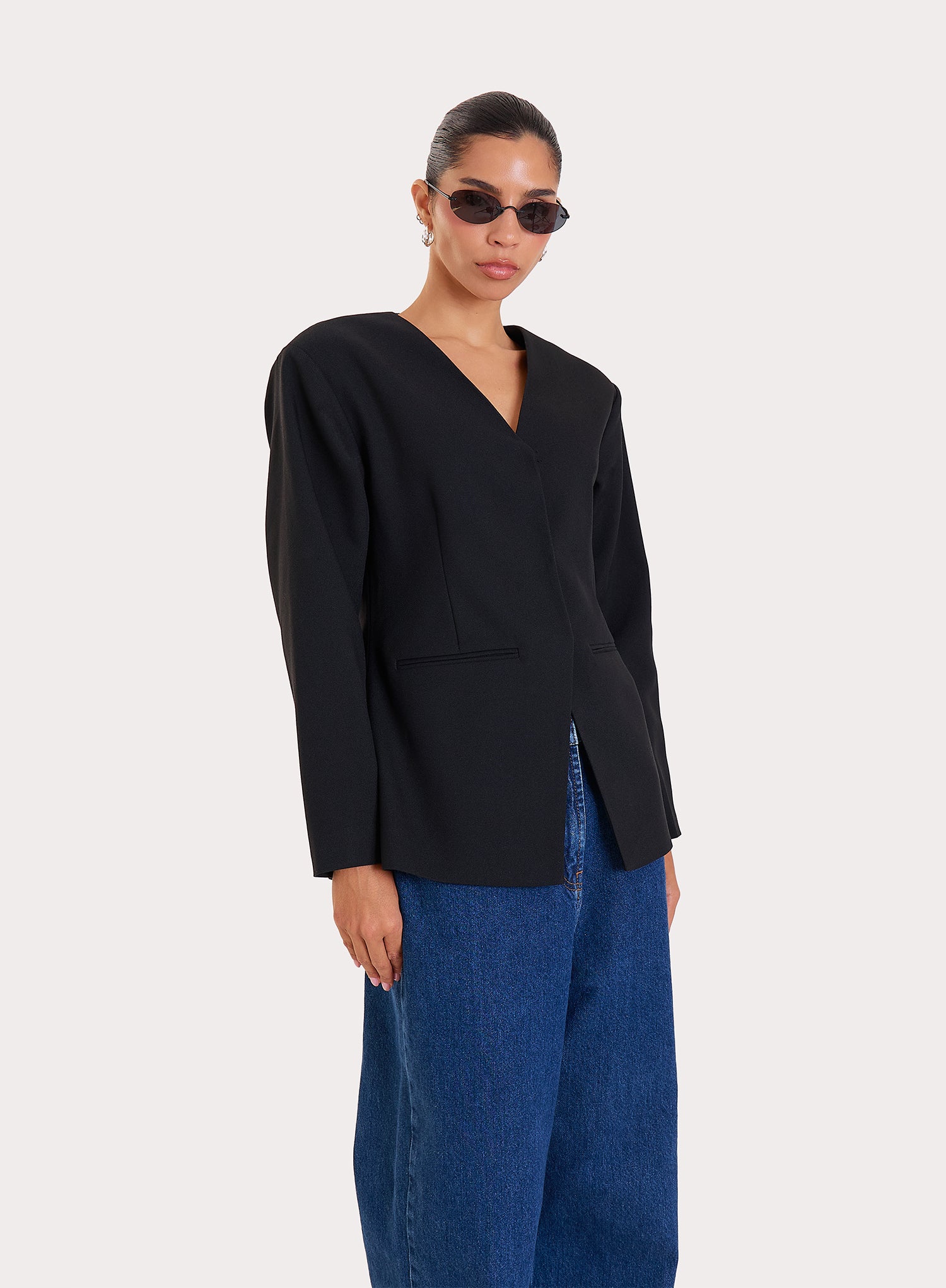 Black Collarless Cinched Blazer