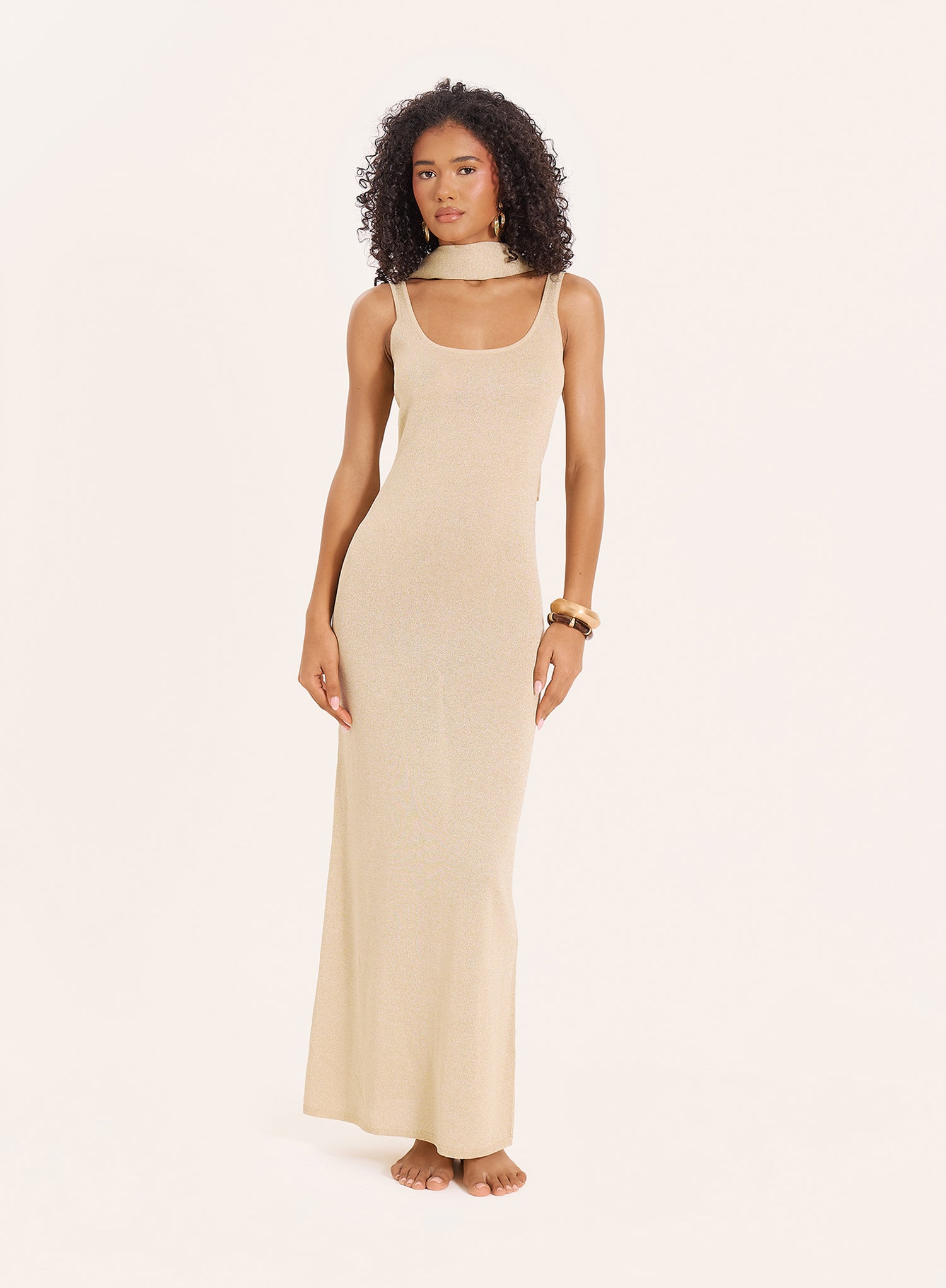 Gold Lurex Belt Detail Knitted Maxi Dress