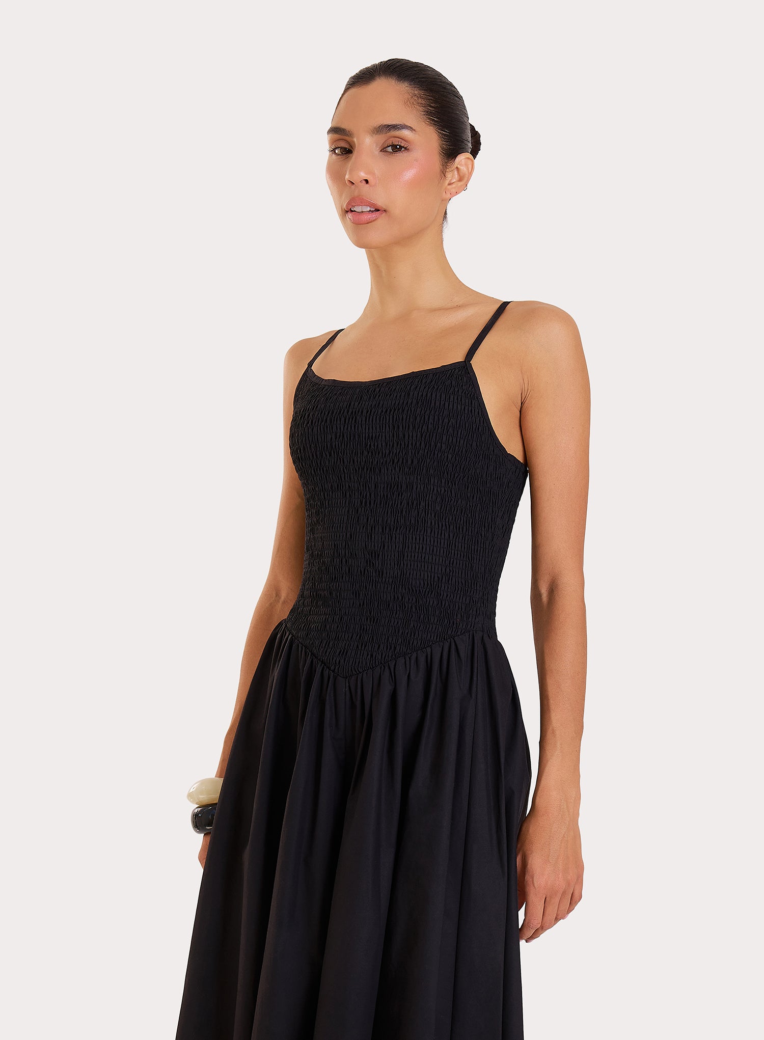 Black Shirred Cotton Maxi Dress- Milano