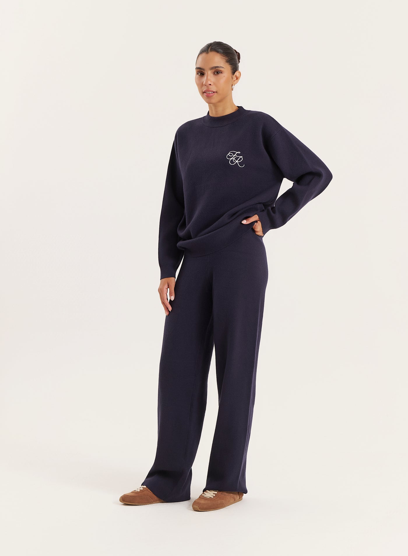 Navy Knitted Straight Leg Trousers