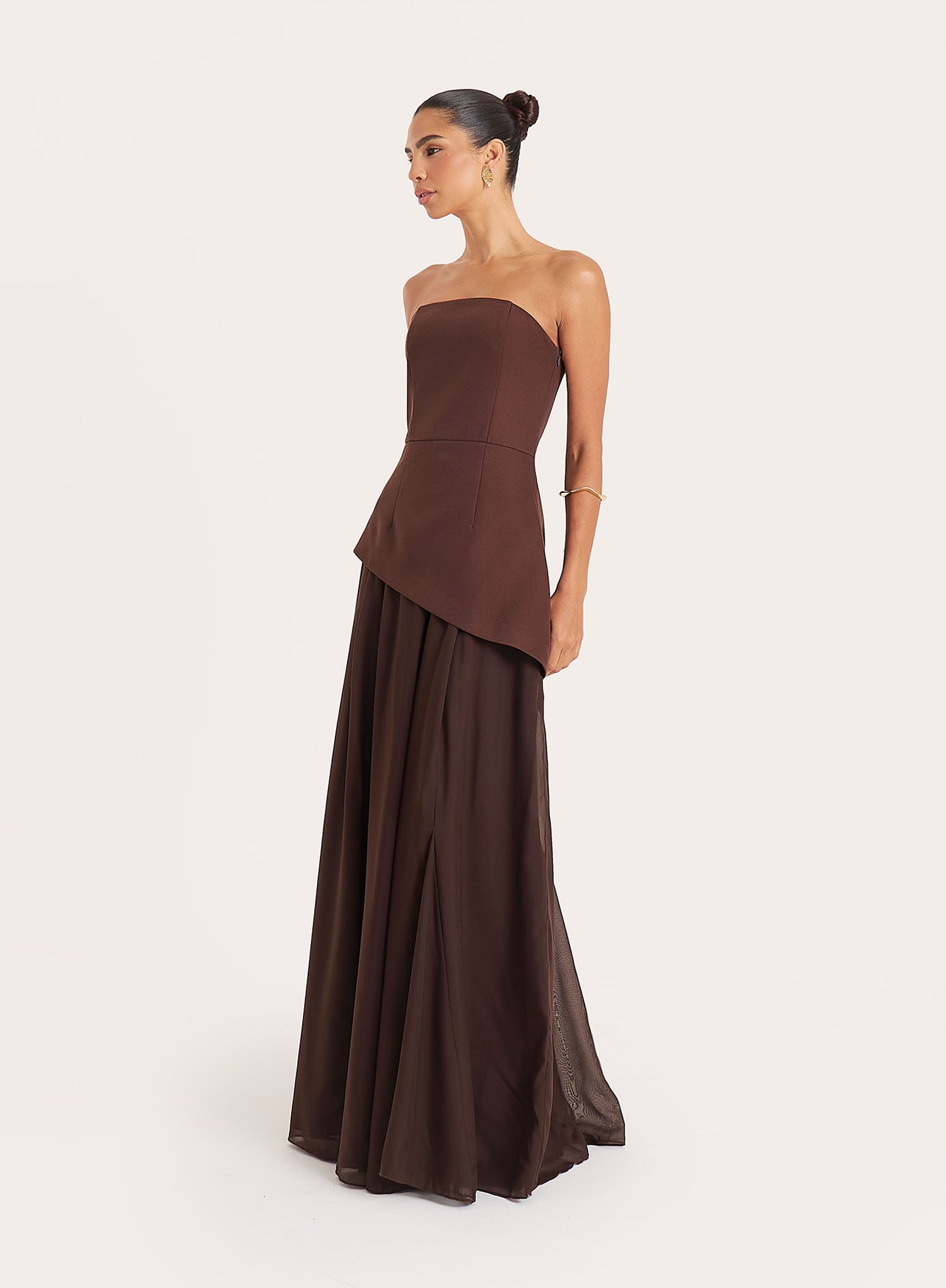 Chocolate Bandeau Asymmetric Detail Maxi Dress