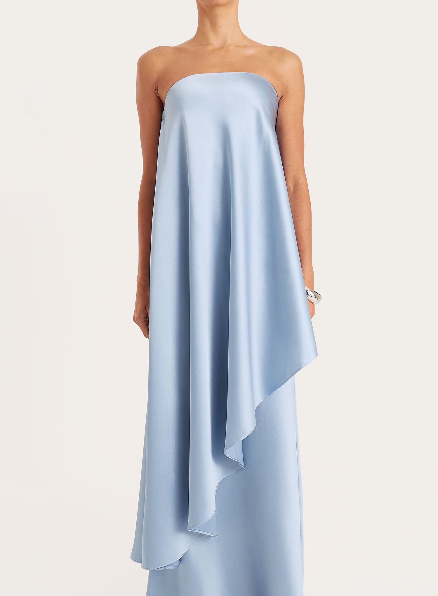 Blue Asymmetric Bandeau Satin Maxi Dress