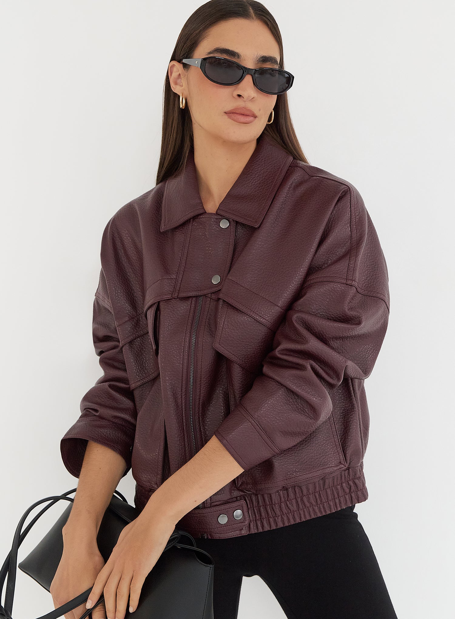 Burgundy Textured Faux Leather Cropped Jacket
