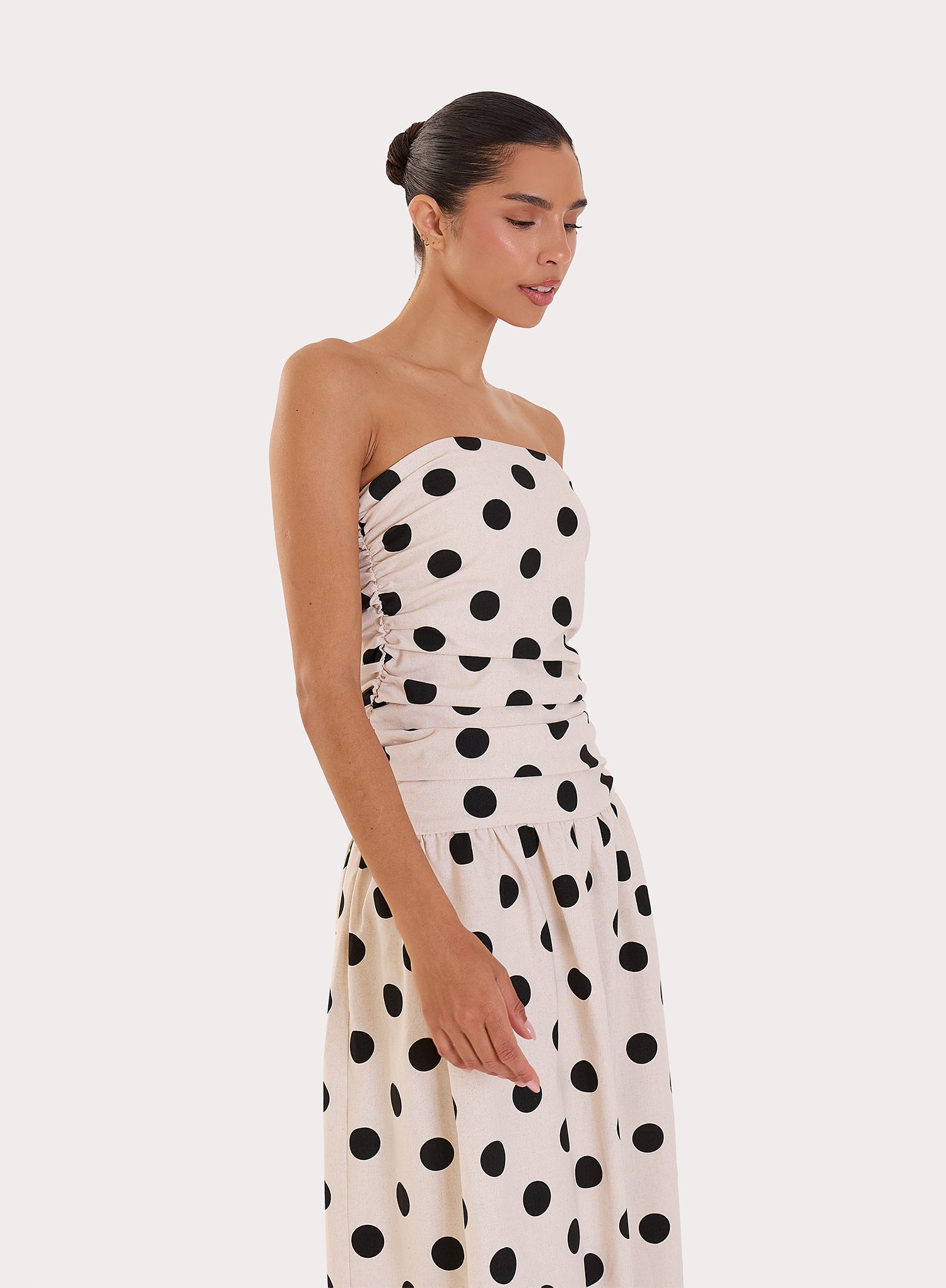 Polka Dot Printed Linen Blend Bandeau Maxi Dress