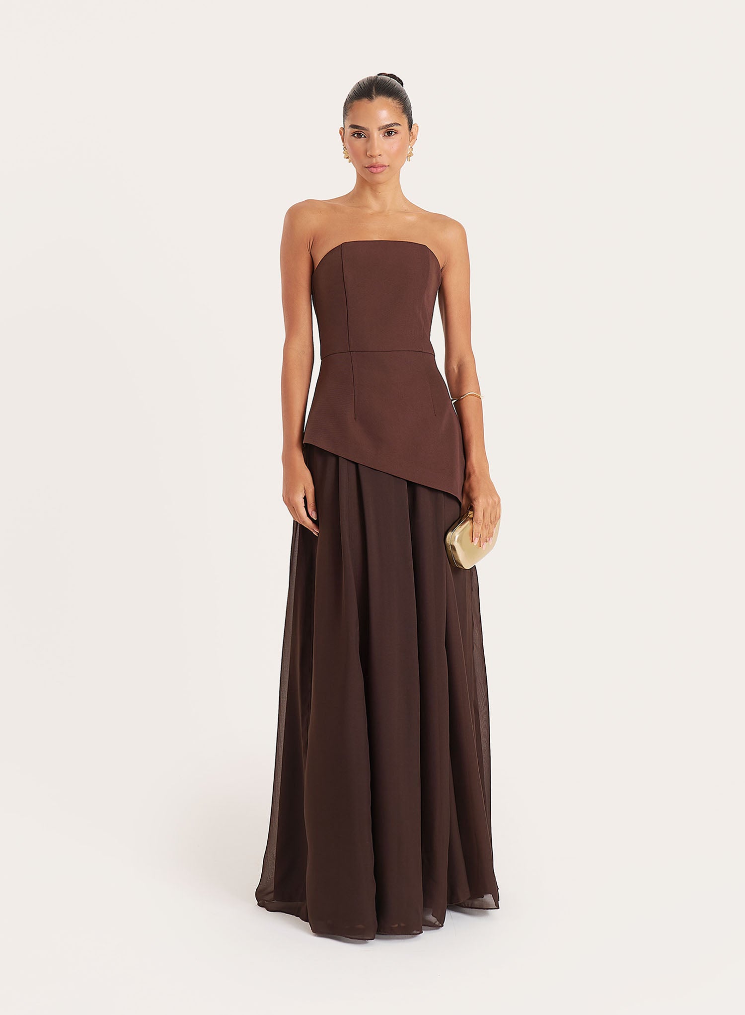 Chocolate Bandeau Asymmetric Detail Maxi Dress