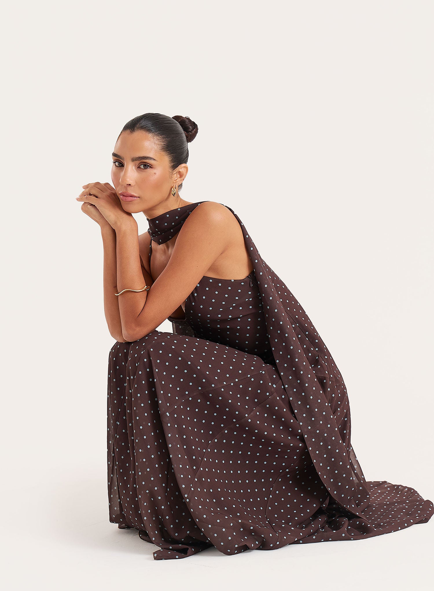 Brown Polka Dot Chiffon Scarf Detail Maxi Dress