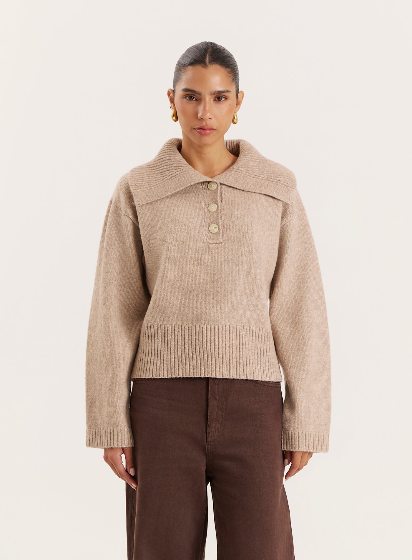 Beige Knitted Buttoned Collar Jumper