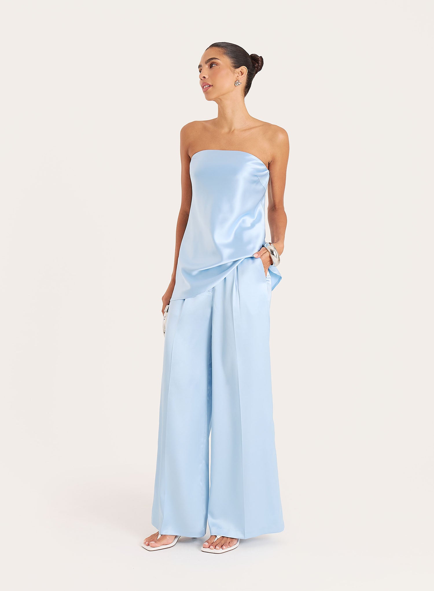 Blue Satin Tailored Wide Leg Trousers