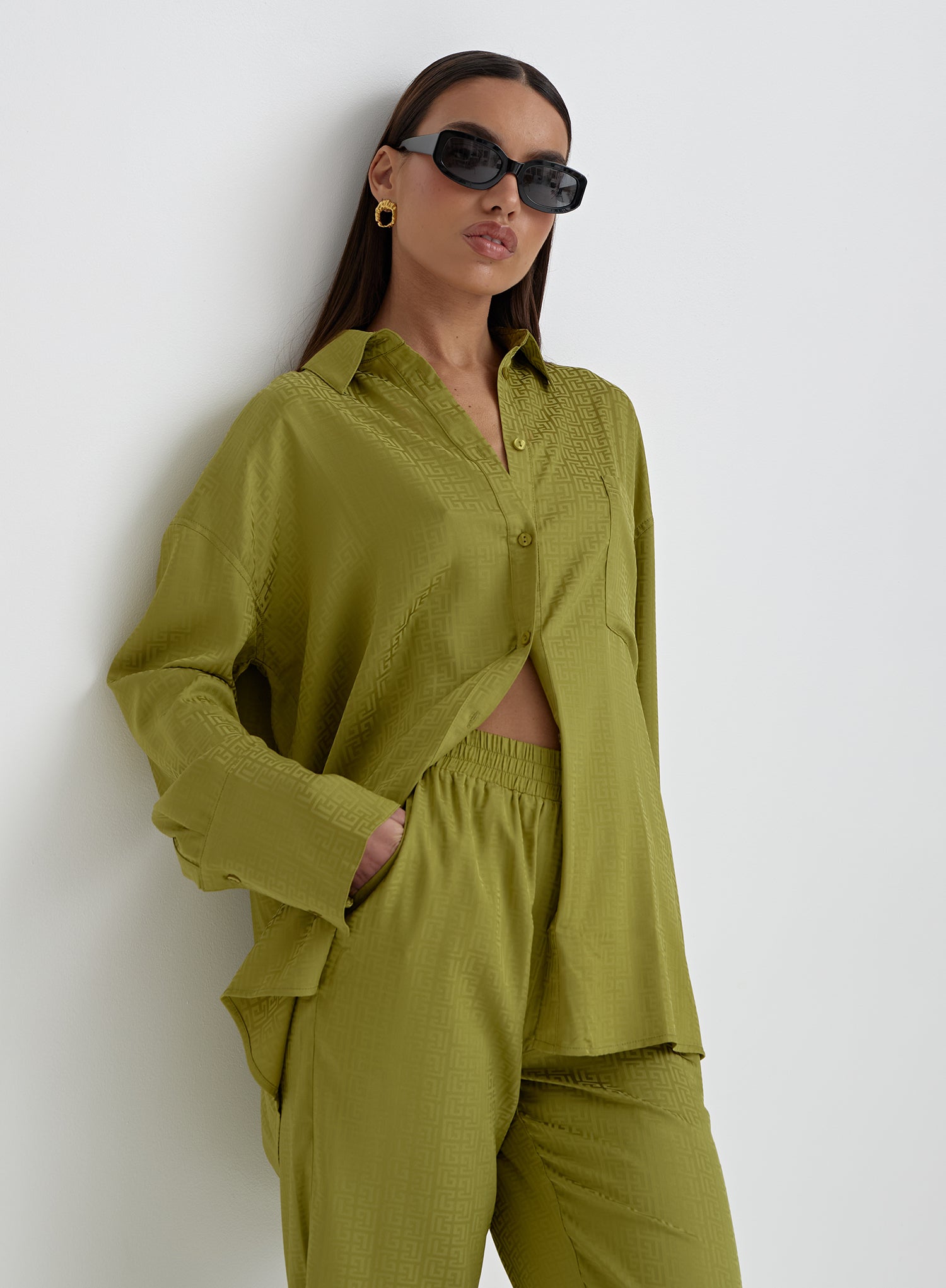 Green Jacquard Satin Print Oversized Shirt- Mimi