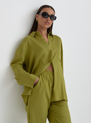 Green Jacquard Satin Print Oversized Shirt- Mimi